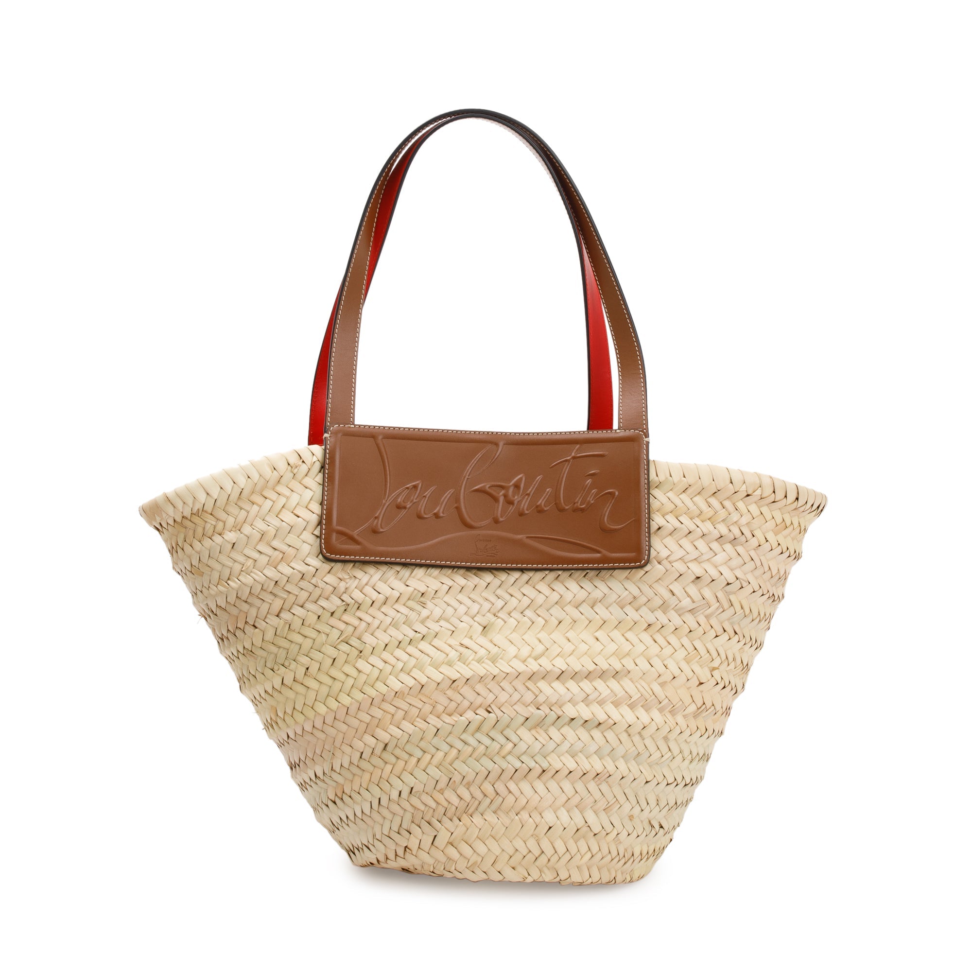 Christian Louboutin 2022 Neutral Woven Straw & Brown Calf Leather Loubishore Tote Bag w/ Receipt