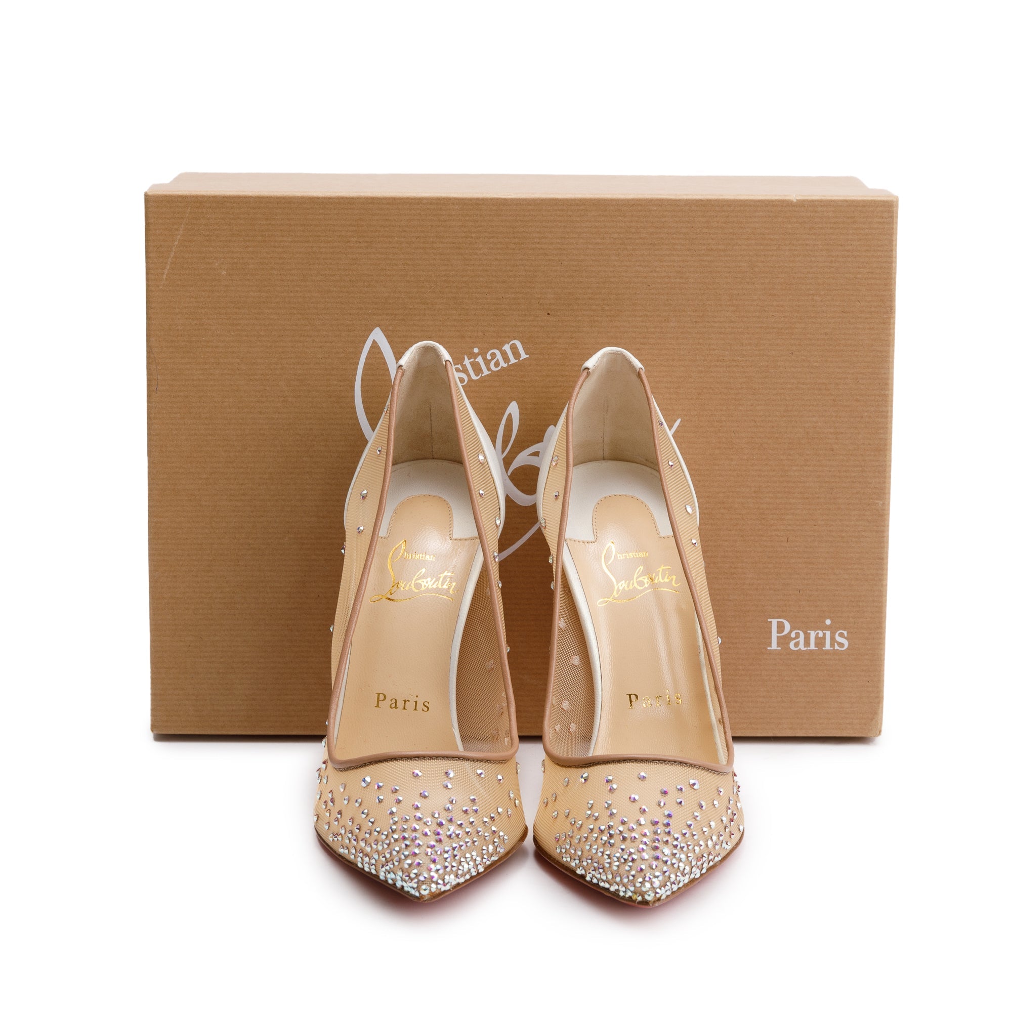 Christian Louboutin Beige Mesh White Leather Follies Strass Pumps, Size 37 w/ Box