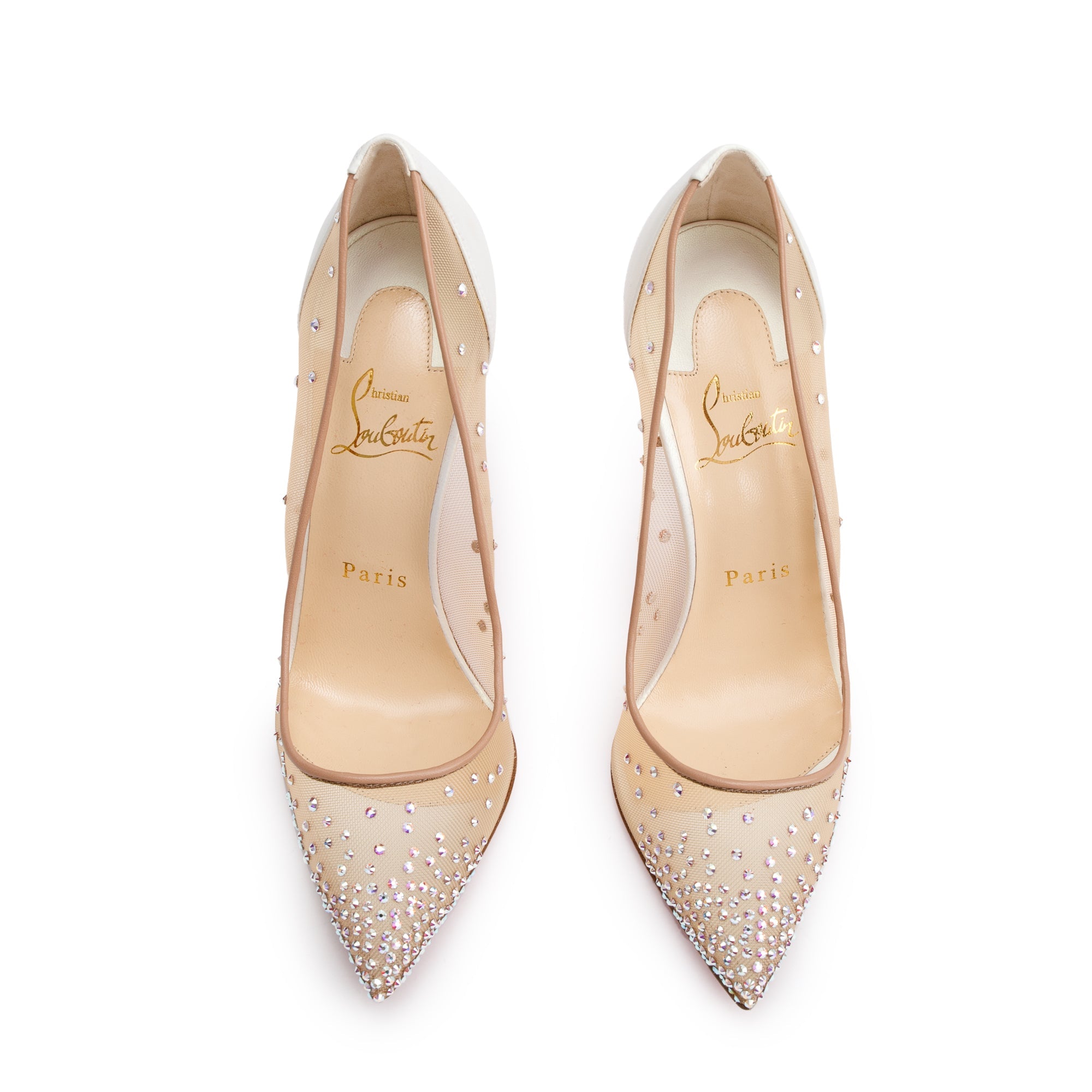 Christian Louboutin Beige Mesh White Leather Follies Strass Pumps, Size 37 w/ Box