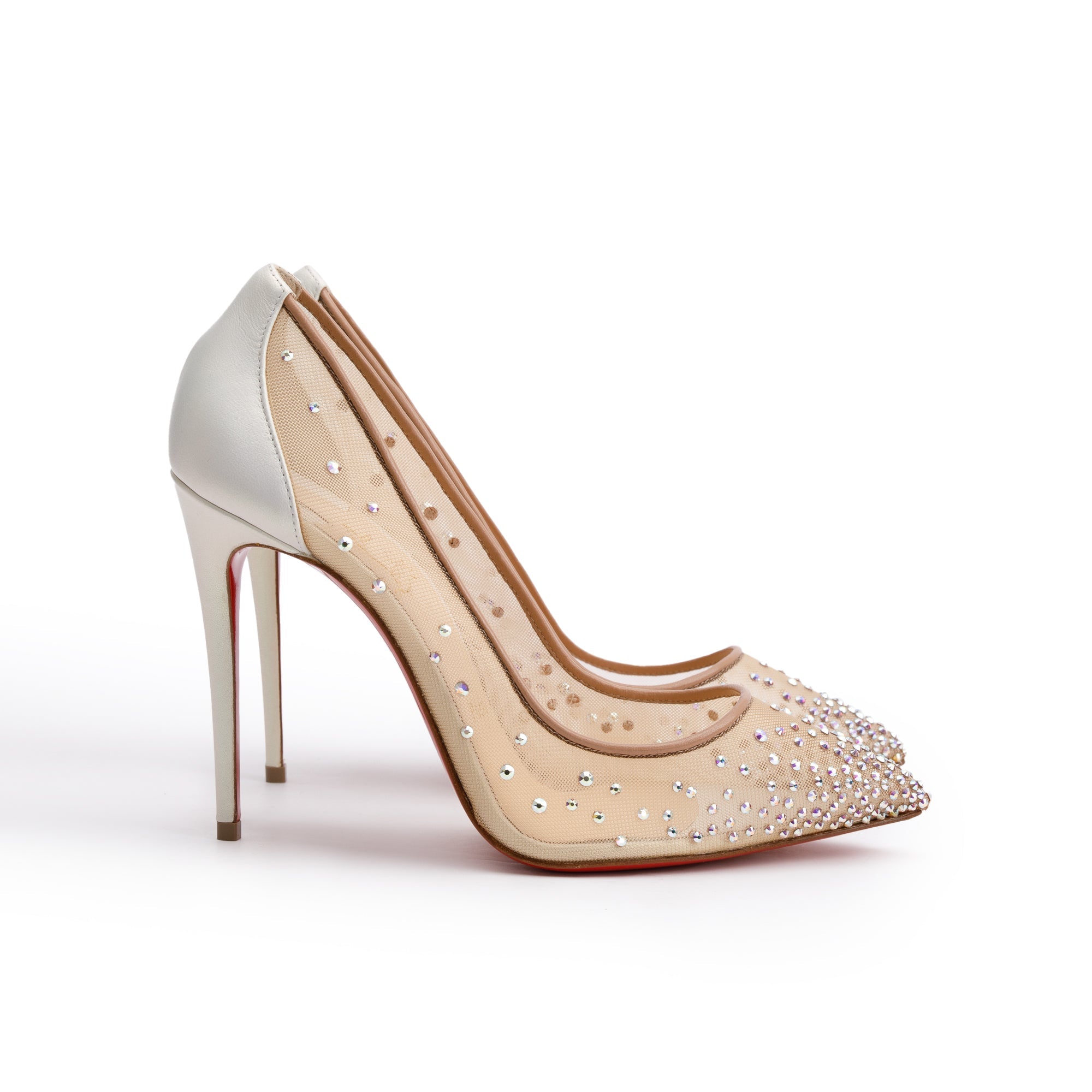 Christian Louboutin Beige Mesh White Leather Follies Strass Pumps, Size 37 w/ Box