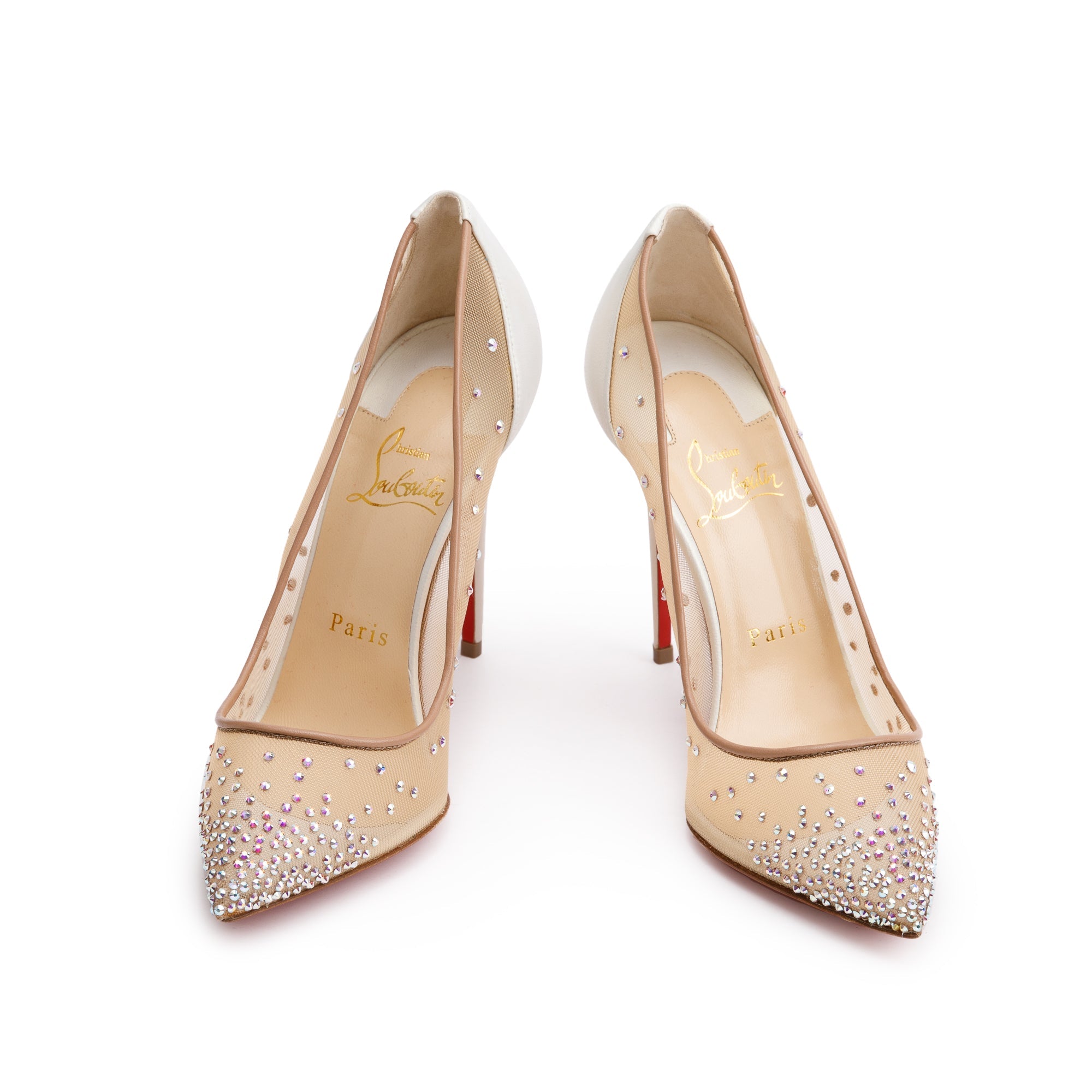 Christian Louboutin Beige Mesh White Leather Follies Strass Pumps, Size 37 w/ Box