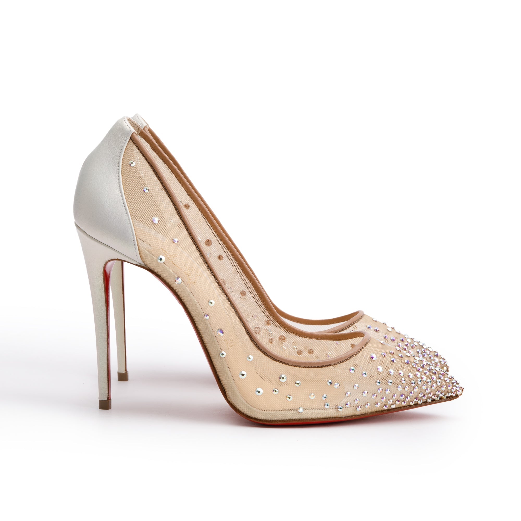 Christian Louboutin Beige Mesh White Leather Follies Strass Pumps, Size 37 w/ Box