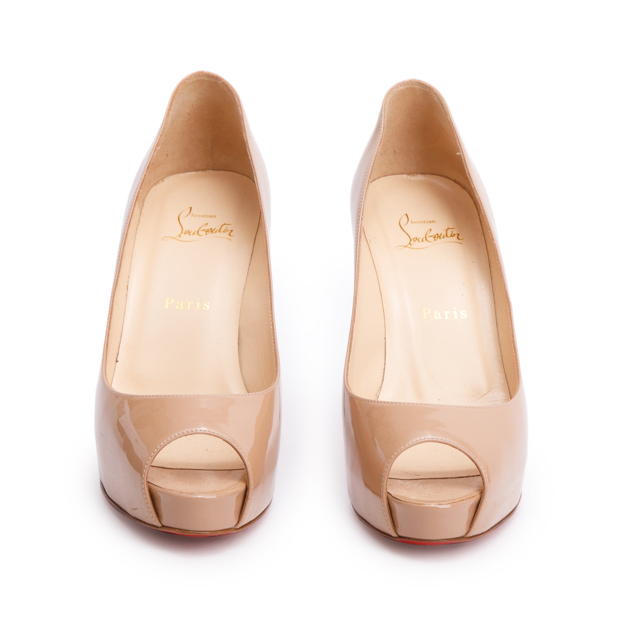 Christian Louboutin Beige Patent Leather New Very Prive Peep Toe Pumps, Size 37.5
