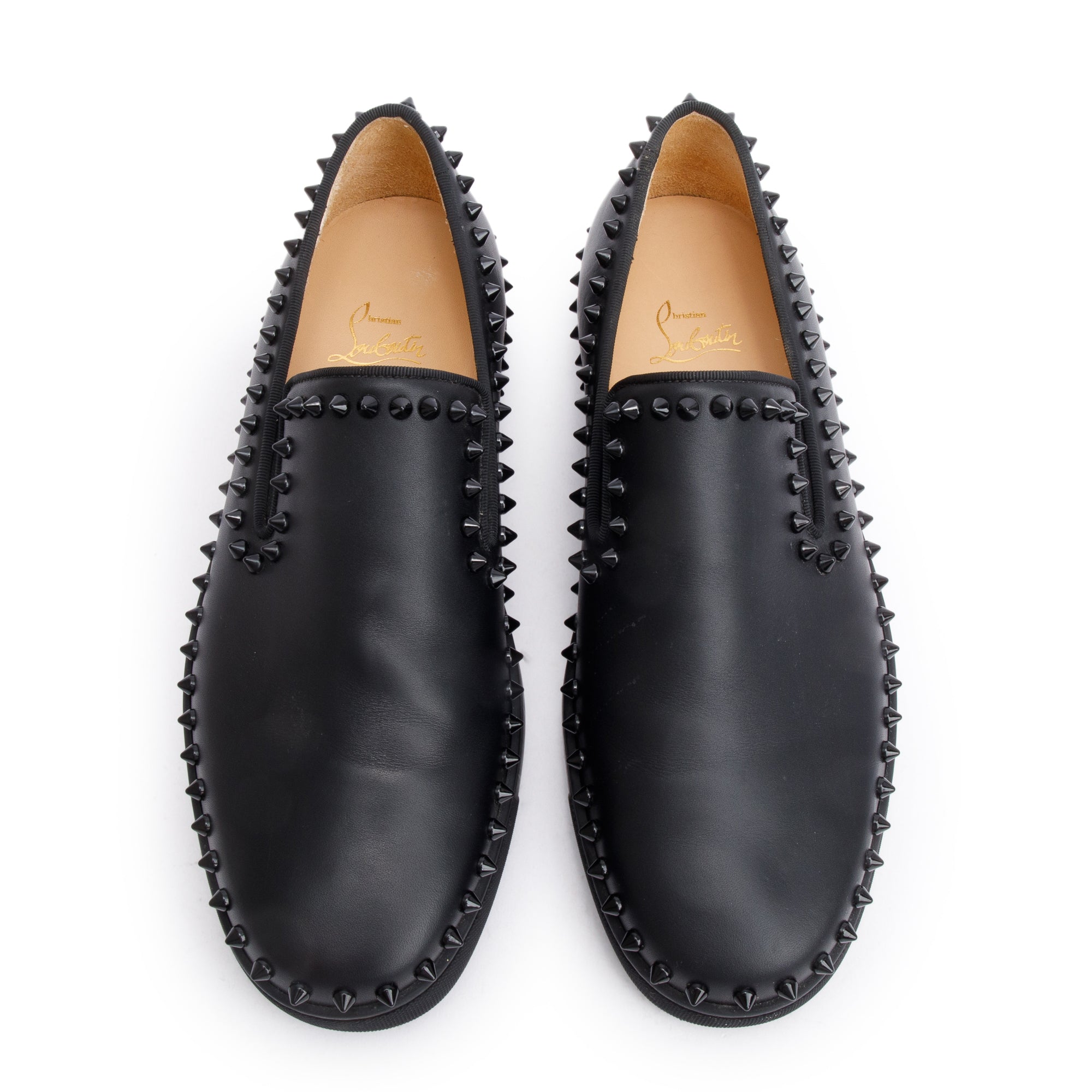 Christian Louboutin Black Calf Leather Studded Pik Boat Sneakers, Size 41.5