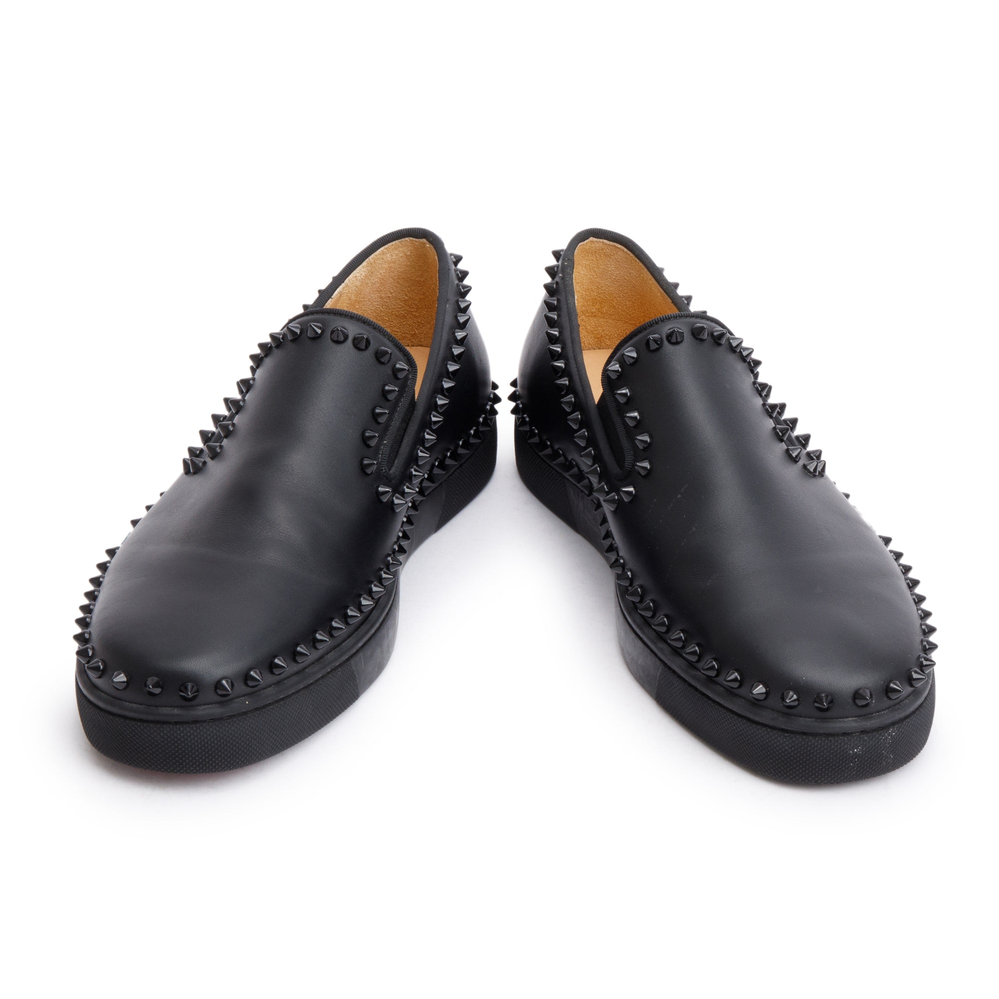 Christian Louboutin Black Calf Leather Studded Pik Boat Sneakers, Size 41.5