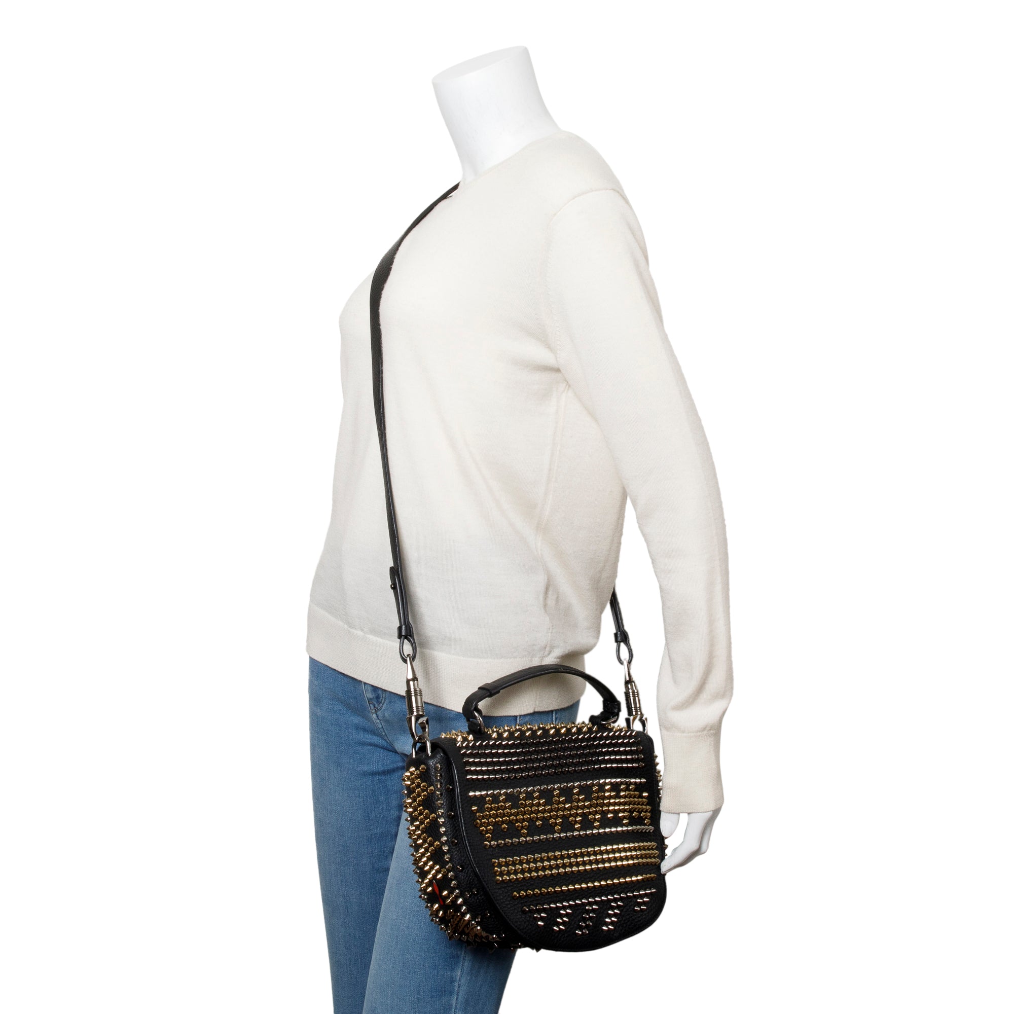 Christian Louboutin Black Calfskin Leather Mix Chevron Spike Messenger Bag
