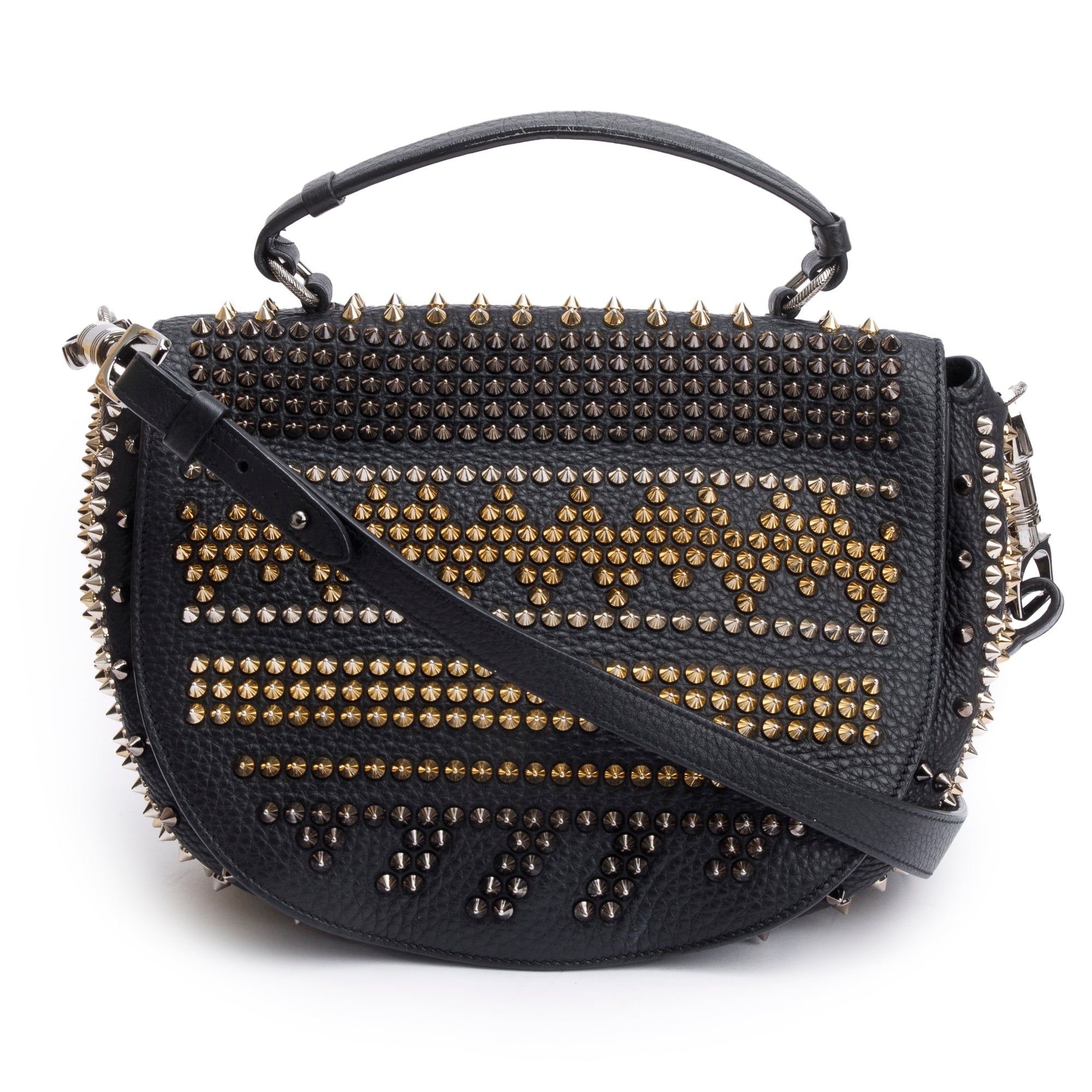 Christian Louboutin Black Calfskin Leather Mix Chevron Spike Messenger Bag