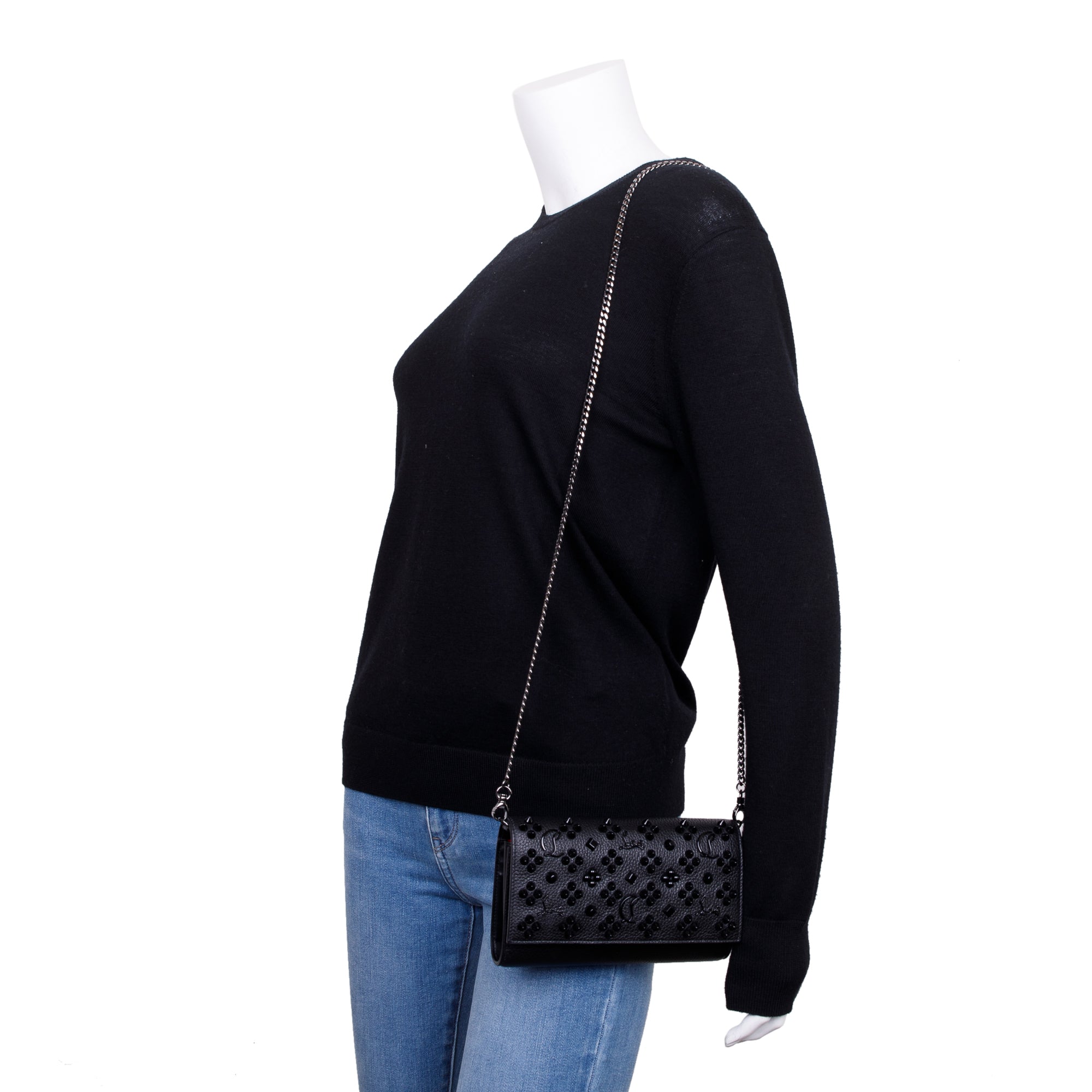 Christian Louboutin Black Calfskin Leather Spike Loubinthesky Paloma Chain Clutch