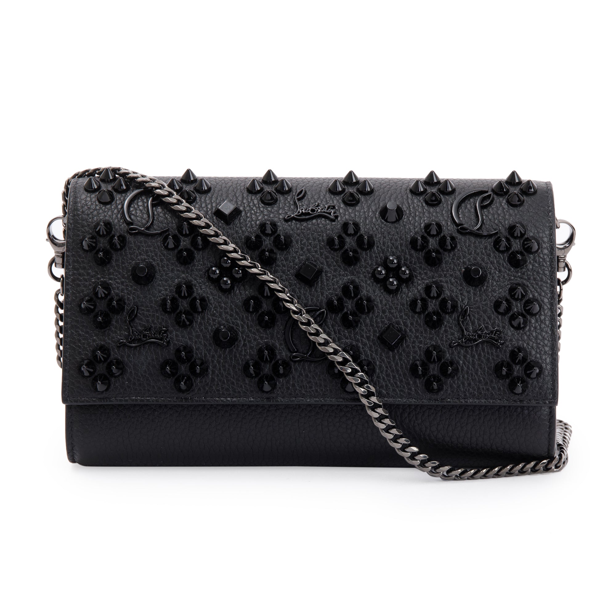 Christian Louboutin Black Calfskin Leather Spike Loubinthesky Paloma Chain Clutch