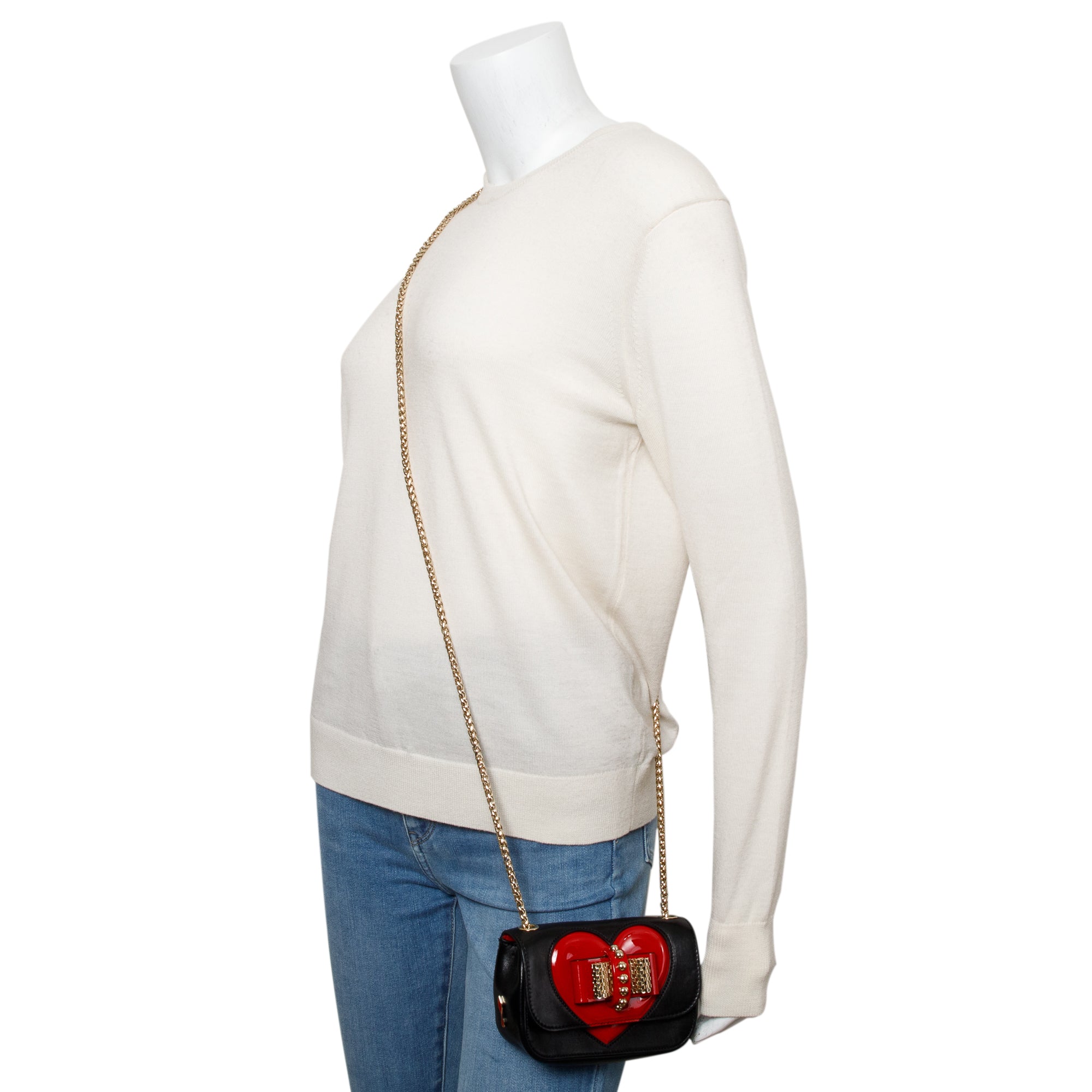 Christian Louboutin Black Calfskin Red Patent Leather Sweet Charity Heart Mini Crossbody Bag
