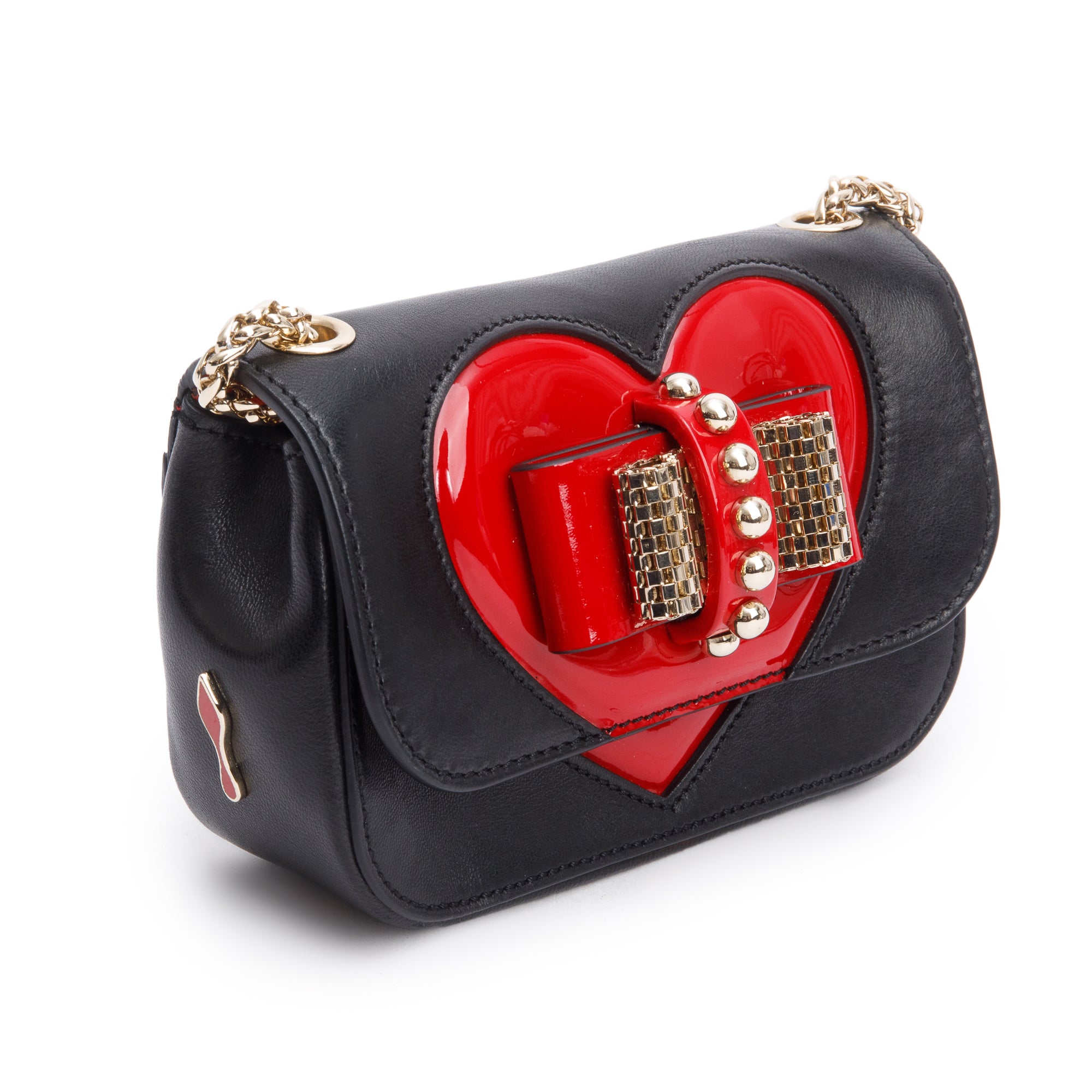 Christian Louboutin Black Calfskin Red Patent Leather Sweet Charity Heart Mini Crossbody Bag