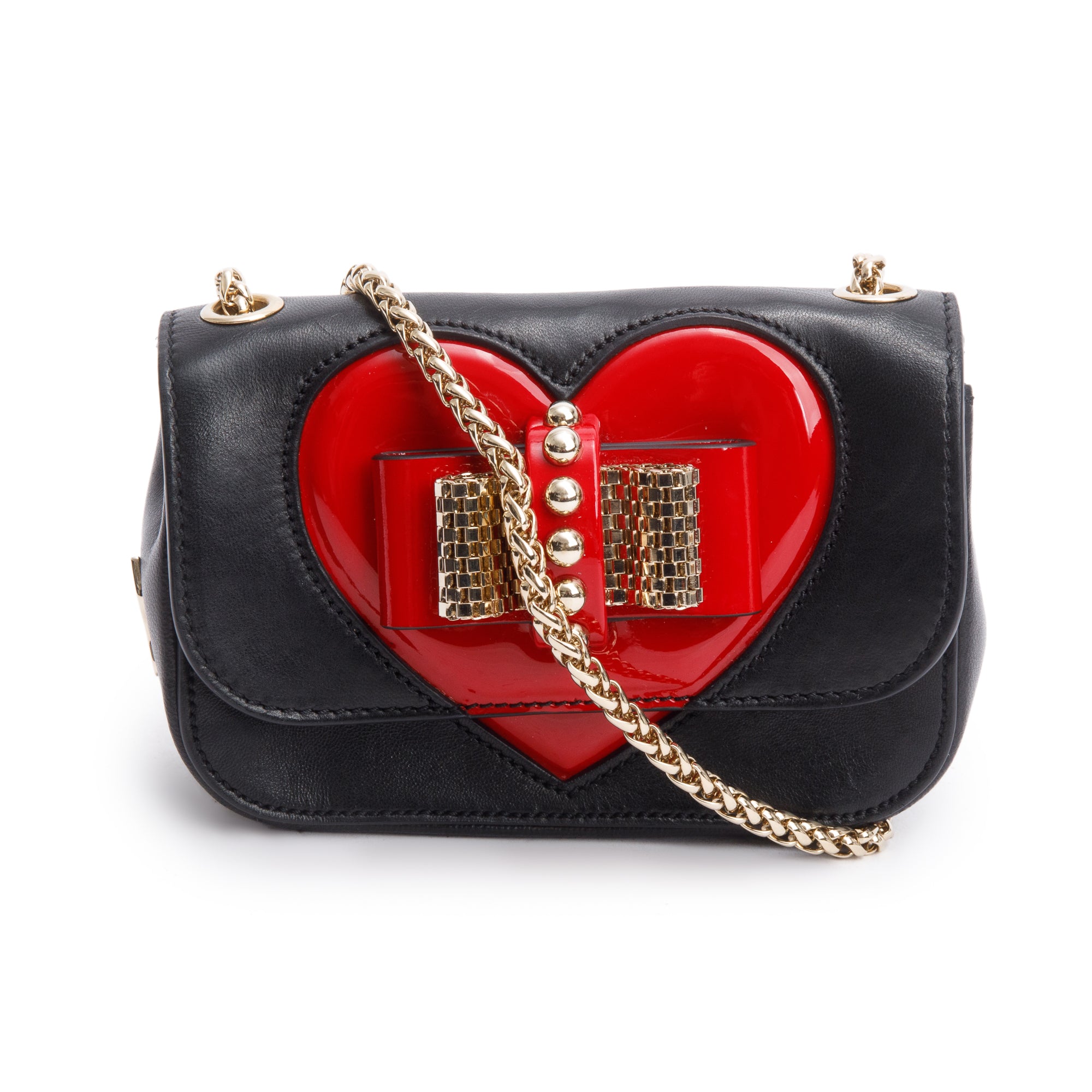 Christian Louboutin Black Calfskin Red Patent Leather Sweet Charity Heart Mini Crossbody Bag