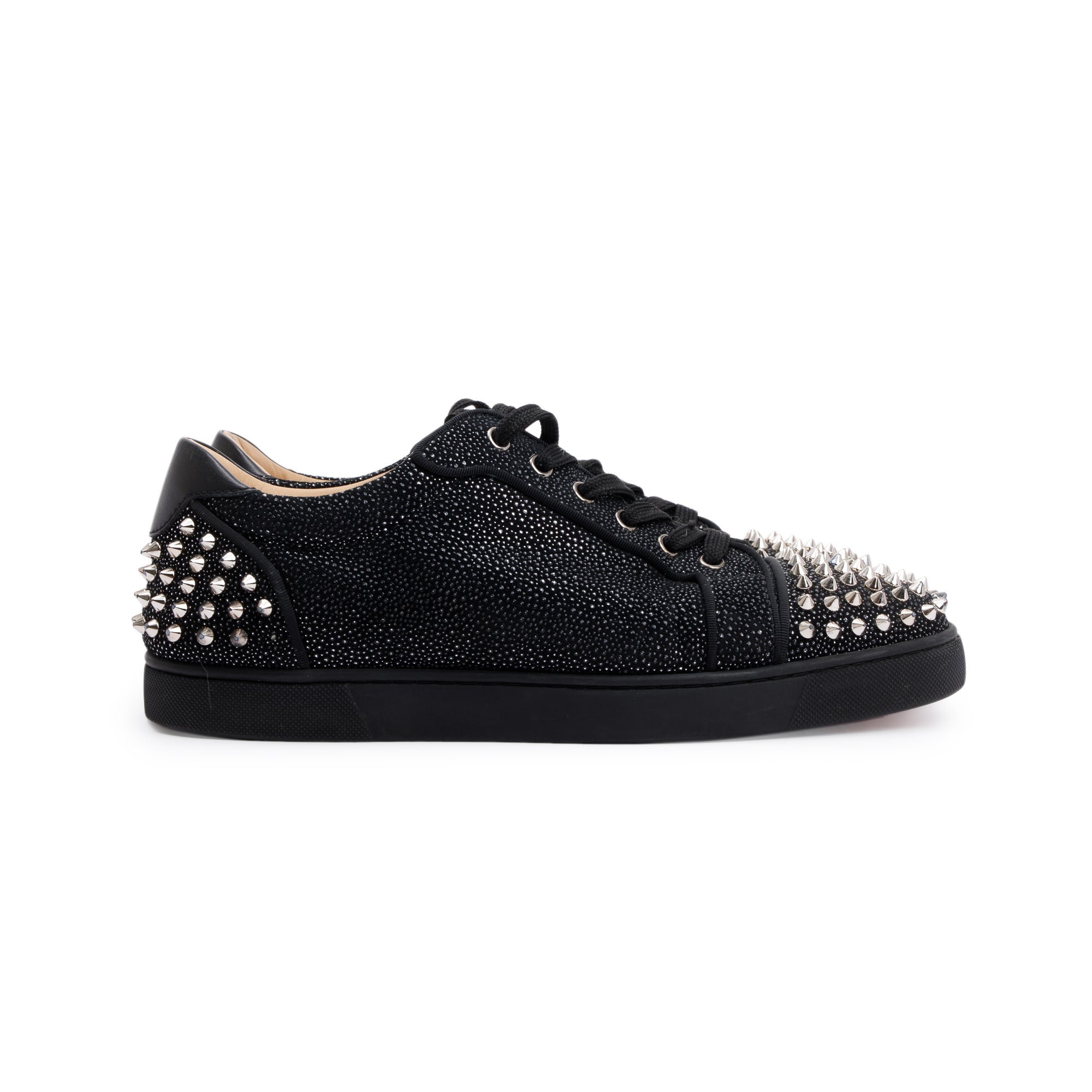 Christian Louboutin Black Glitter Fabric Print Louis Junior Spikes Orlato Low-Top Sneakers, Size 43