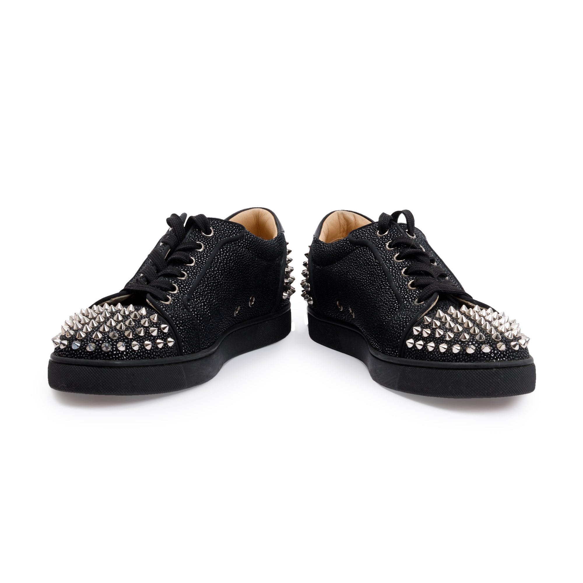 Christian Louboutin Black Glitter Fabric Print Louis Junior Spikes Orlato Low-Top Sneakers, Size 43