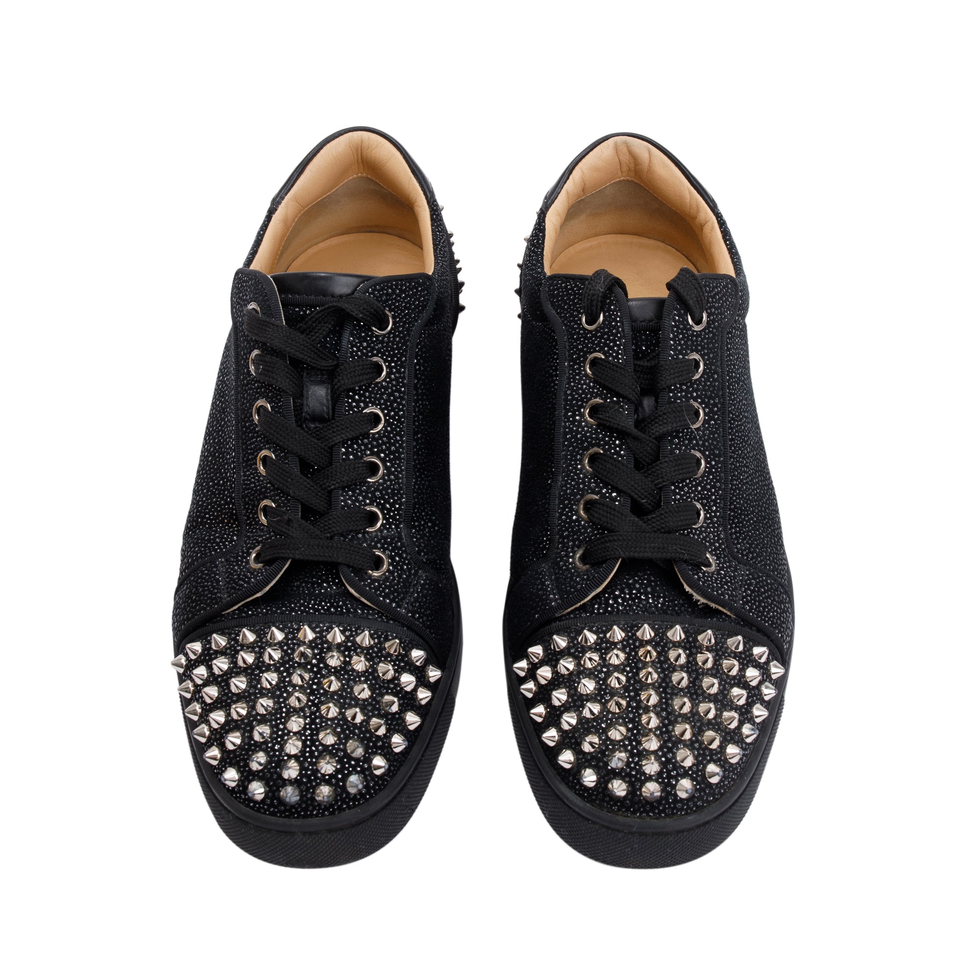 Christian Louboutin Black Glitter Fabric Print Louis Junior Spikes Orlato Low-Top Sneakers, Size 43