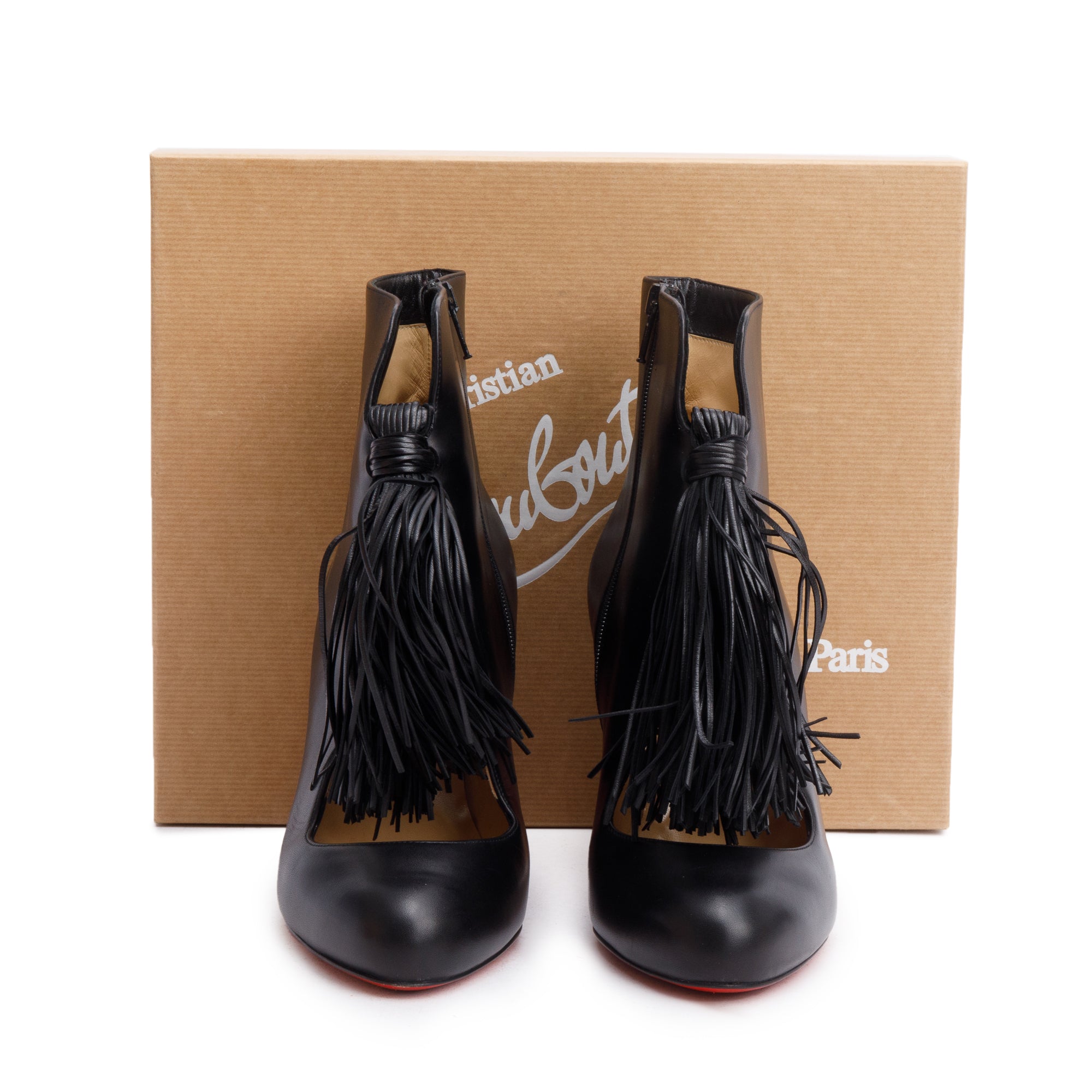 Christian Louboutin Black Leather Christina 85 Tassel Boots, Size 41 w/ Box
