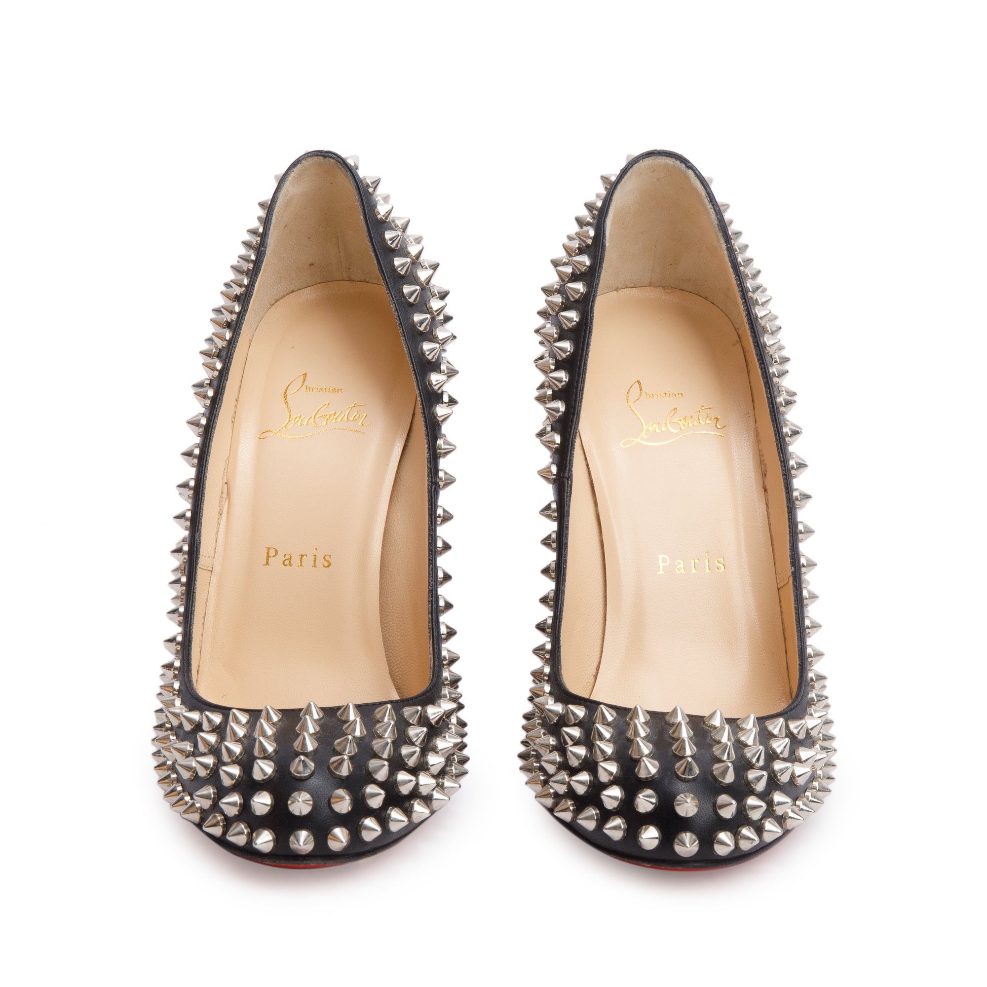Christian Louboutin Black Leather Fifi Spikes 100 Pumps, Size 36