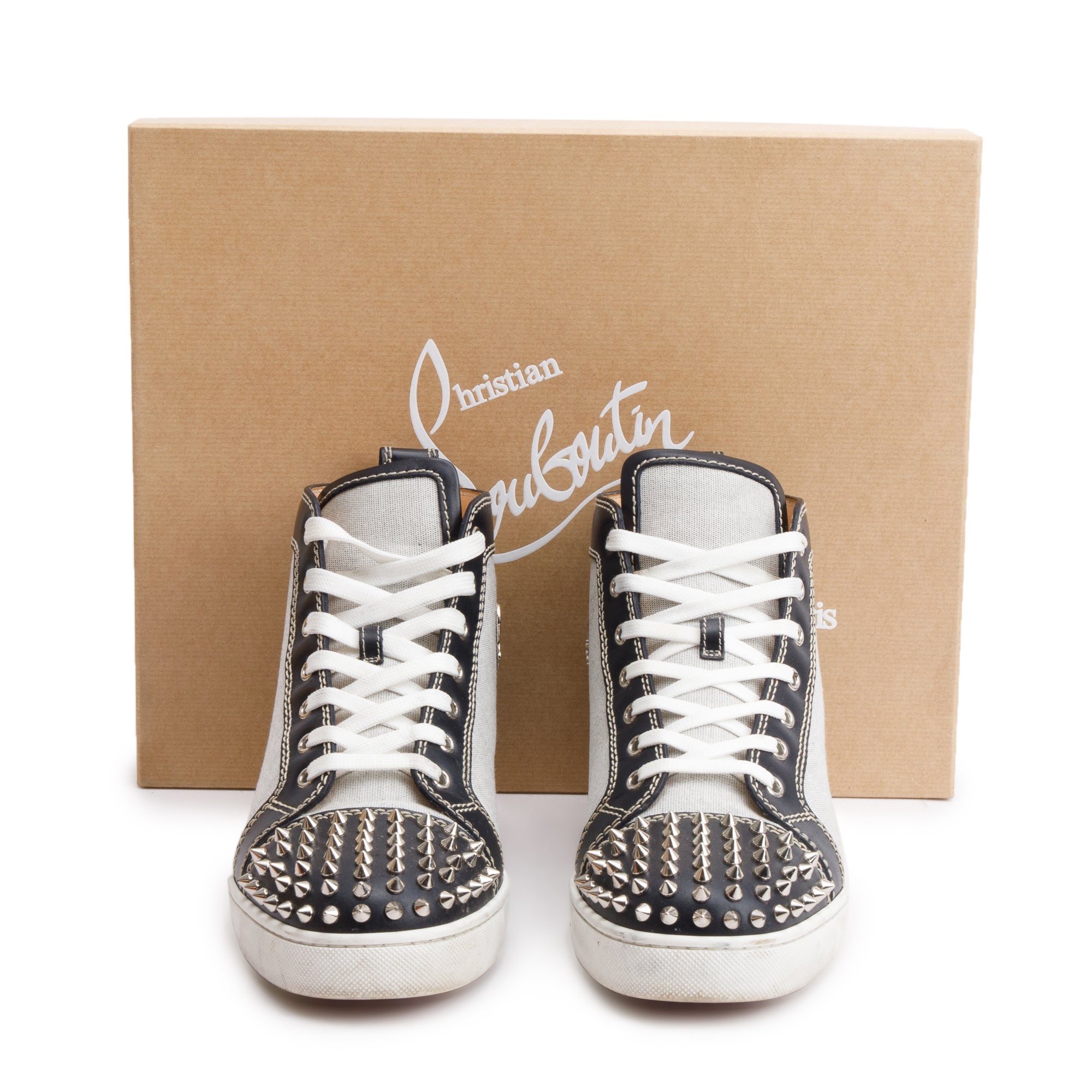 Christian Louboutin Black Leather Grey Canvas Louis Spikes Orlato High-Top Sneakers, Size 43 w/ Box