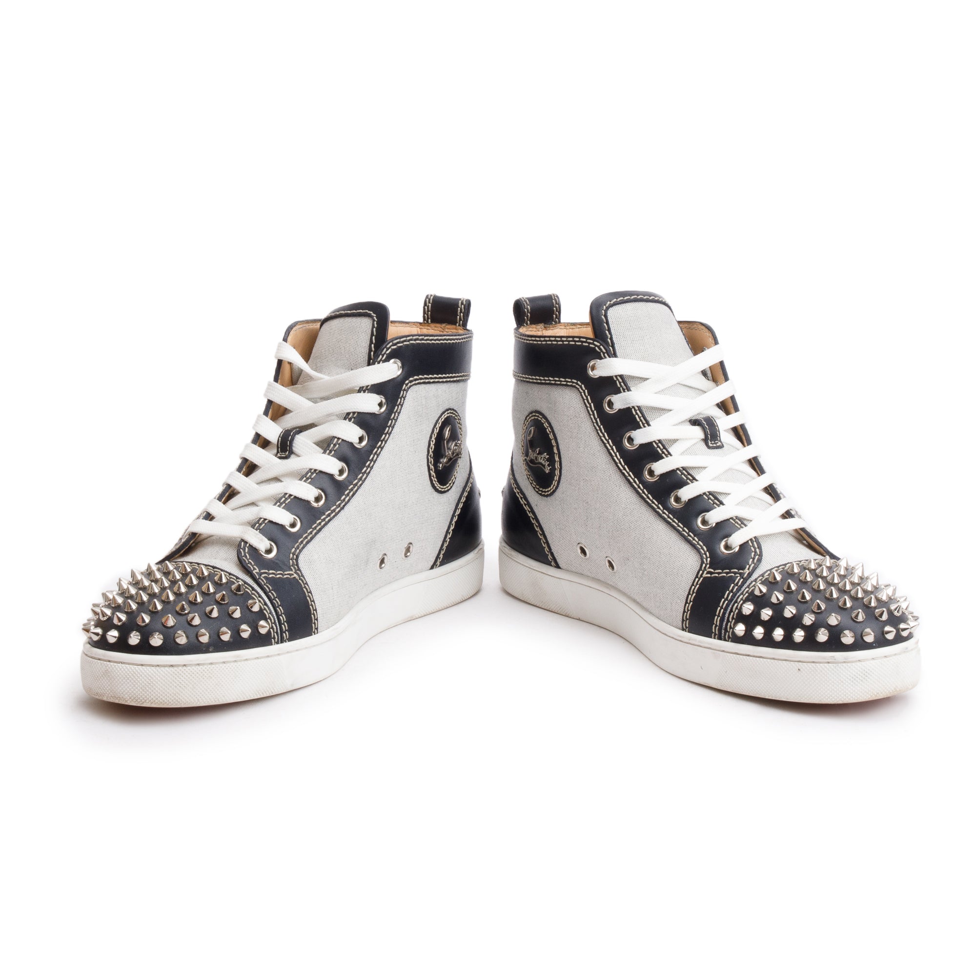 Christian Louboutin Black Leather Grey Canvas Louis Spikes Orlato High-Top Sneakers, Size 43 w/ Box
