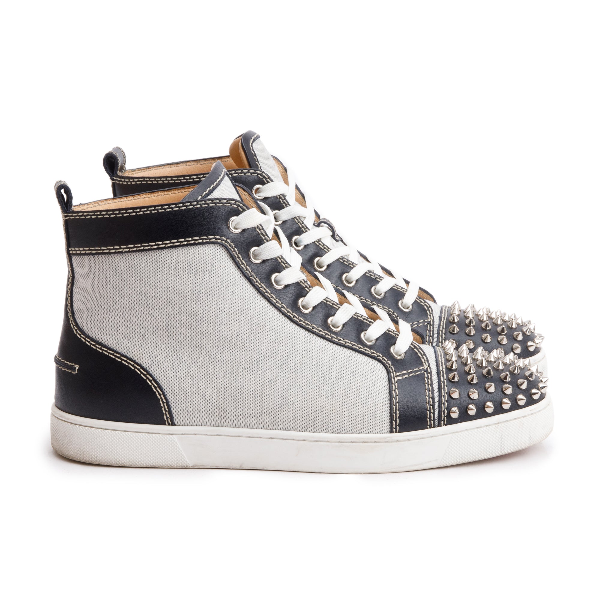 Christian Louboutin Black Leather Grey Canvas Louis Spikes Orlato High-Top Sneakers, Size 43 w/ Box
