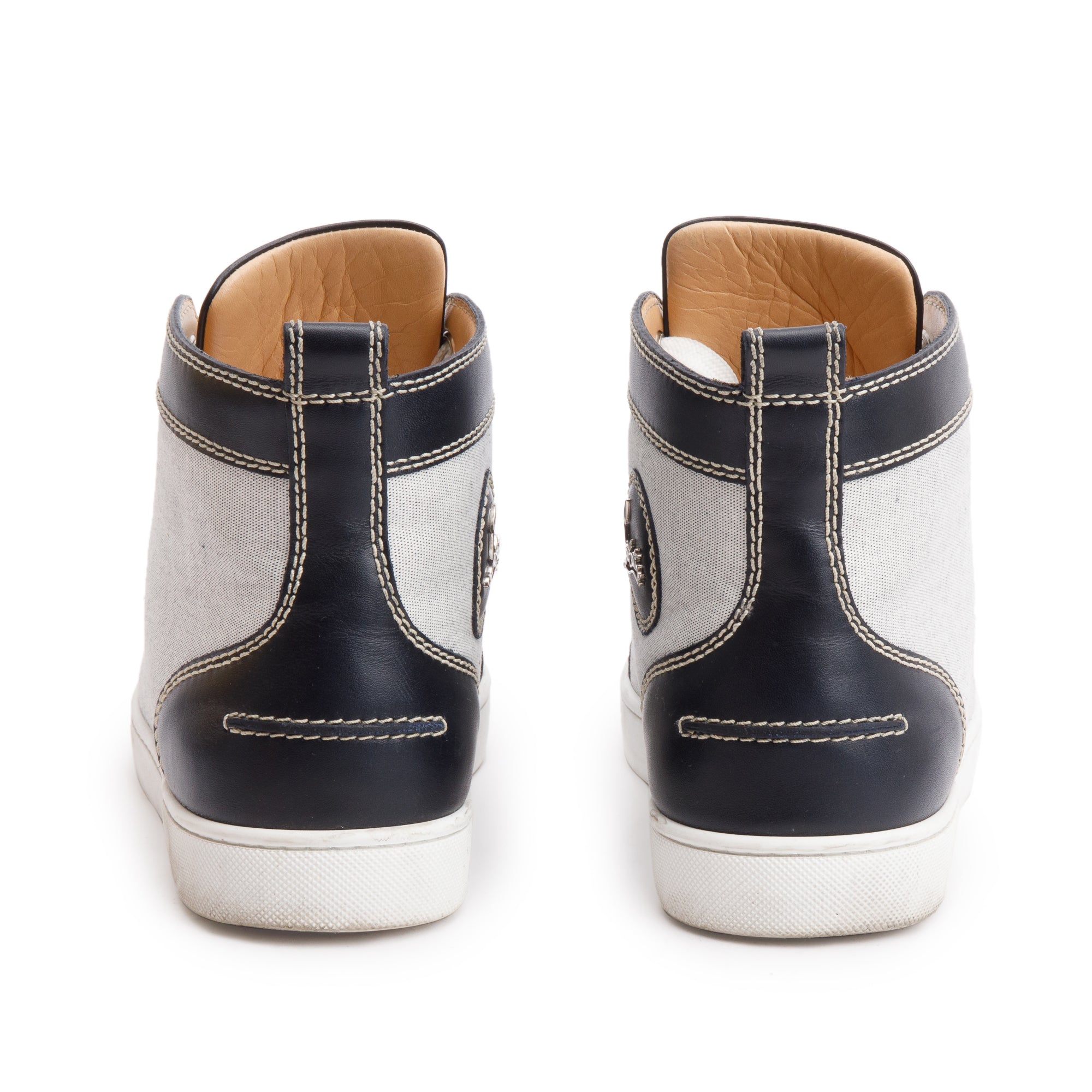 Christian Louboutin Black Leather Grey Canvas Louis Spikes Orlato High-Top Sneakers, Size 43 w/ Box