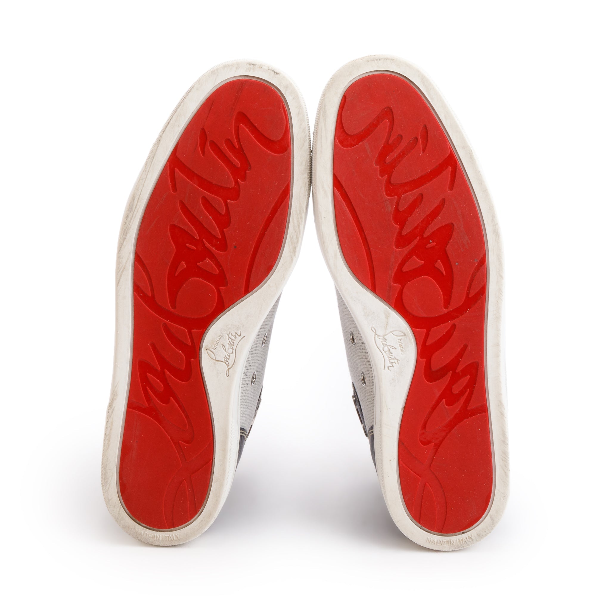 Christian Louboutin Black Leather Grey Canvas Louis Spikes Orlato High-Top Sneakers, Size 43 w/ Box