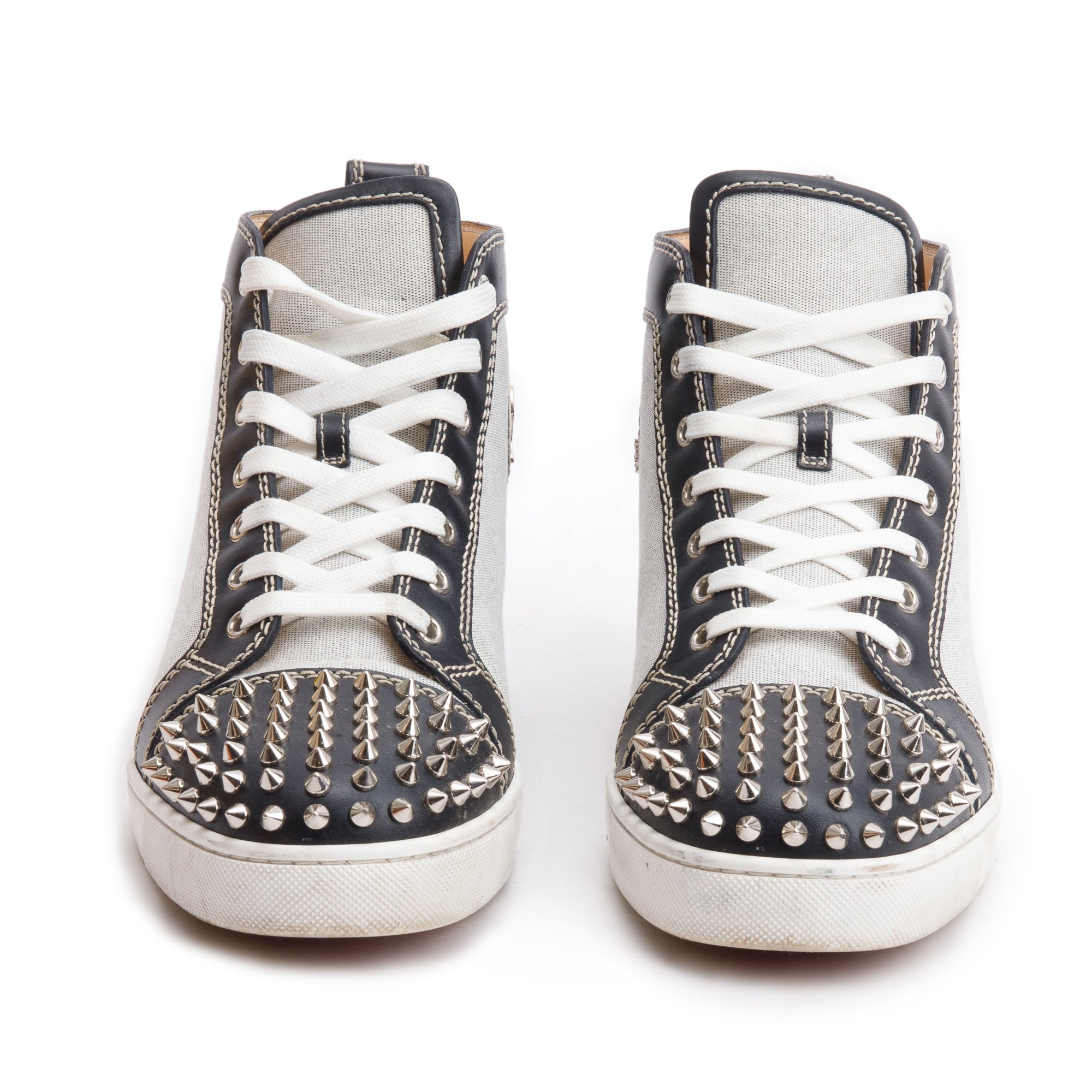Christian Louboutin Black Leather Grey Canvas Louis Spikes Orlato High-Top Sneakers, Size 43 w/ Box