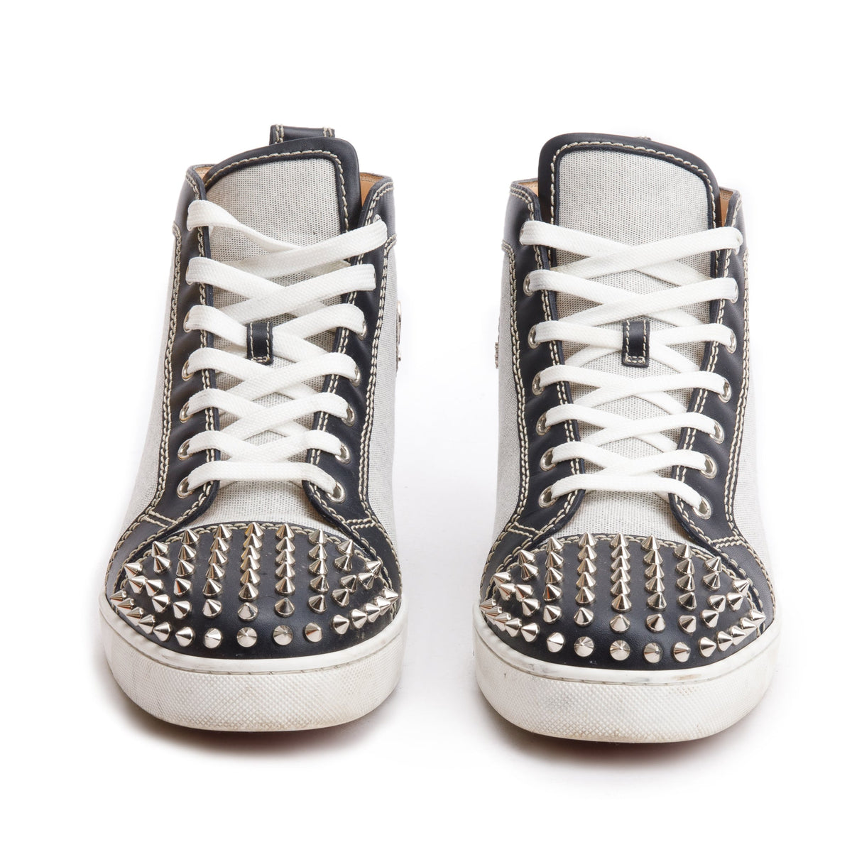 Christian Louboutin Black Leather Grey Canvas Louis Spikes Orlato