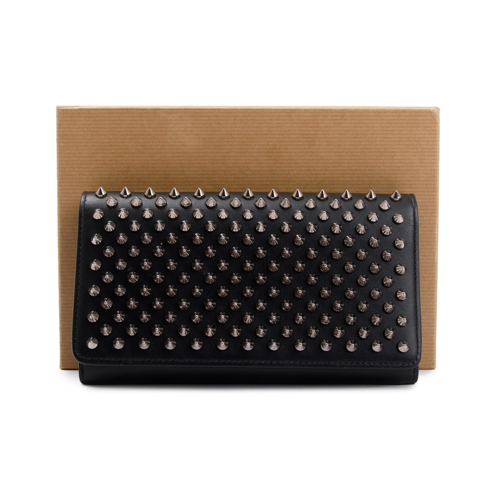 Christian Louboutin Black Leather Macaron Spike Flap Wallet w/ Box & Receipt
