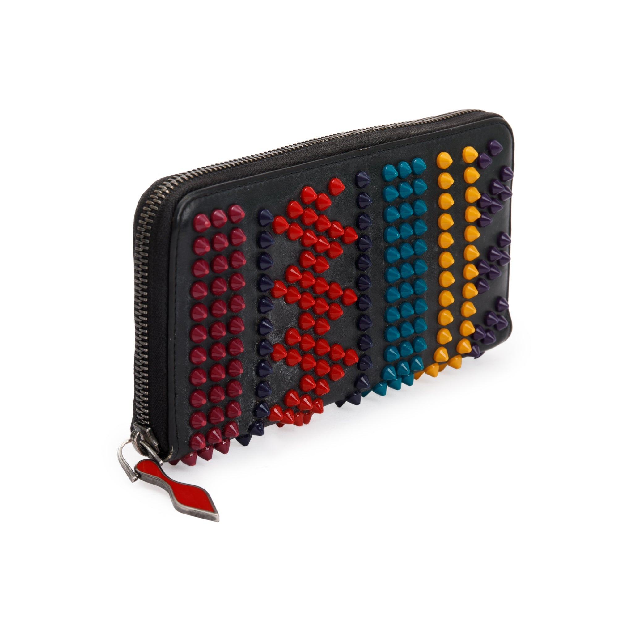 Christian Louboutin Black Leather Multicolor Spike Panettone Wallet