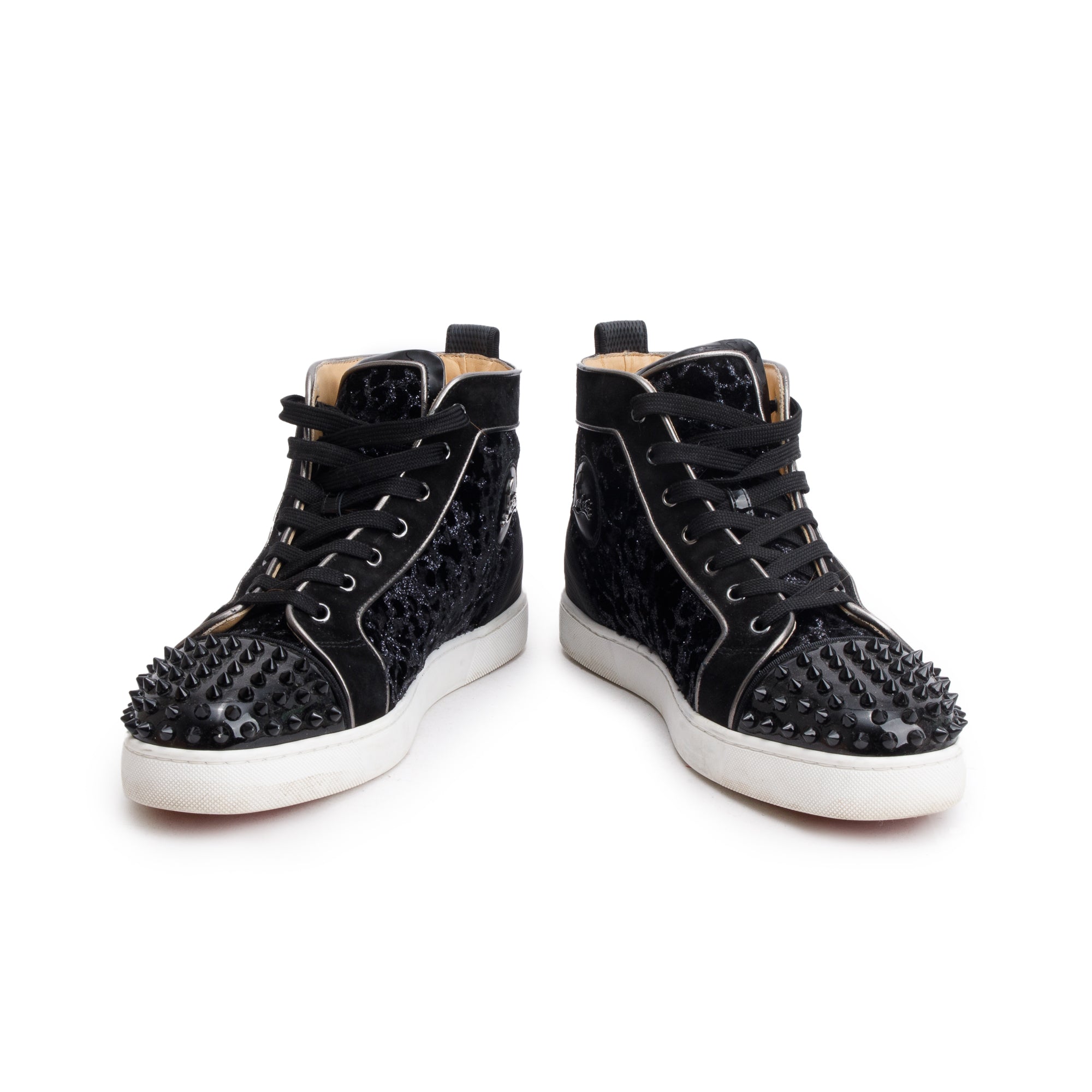 Christian Louboutin Black Leather Suede Louis Spikes Orlato High-Top Sneakers, Size 43.5 w/ Box