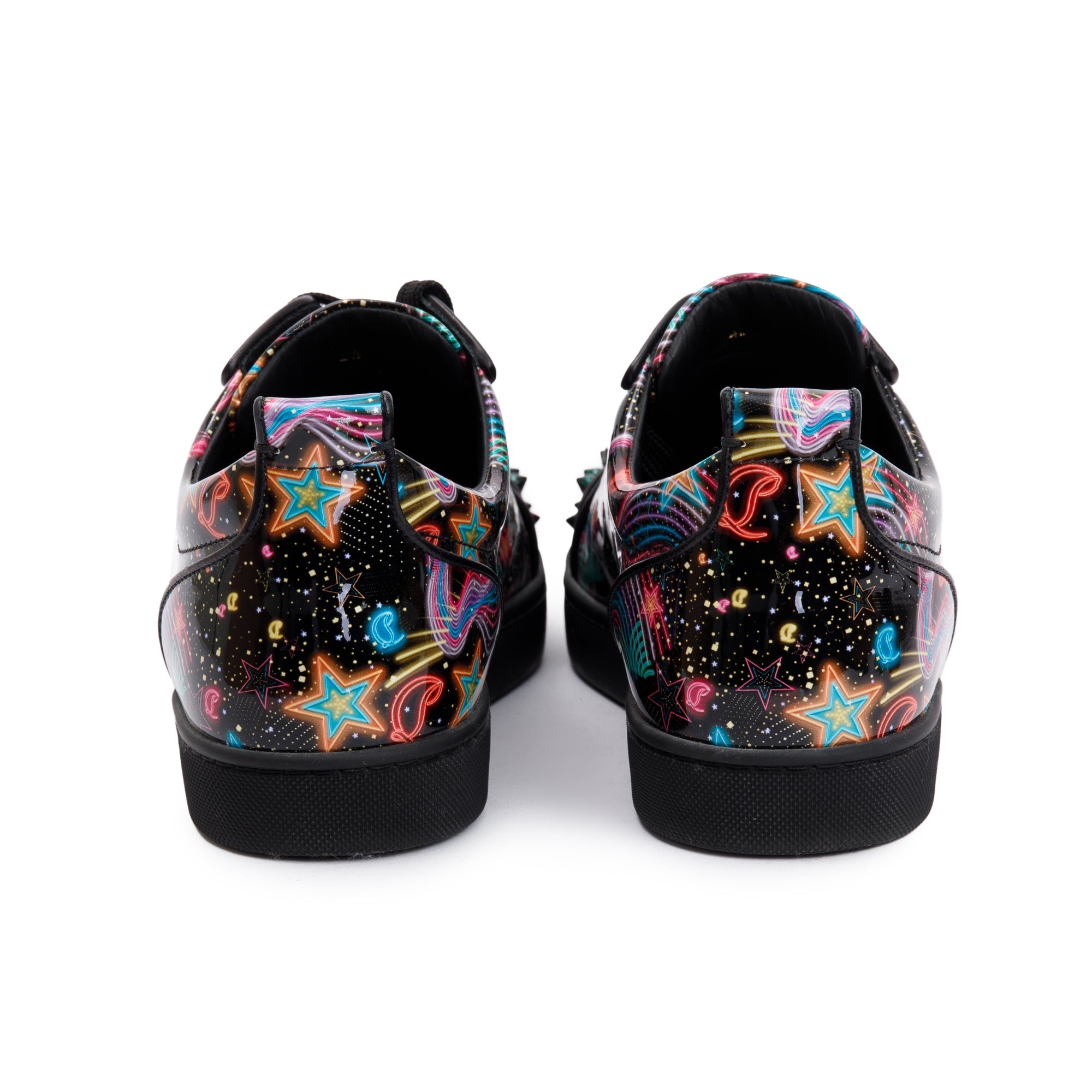 Christian Louboutin Black Multicolour Print Patent Leather Louis Junior Spikes Orlato Low-Top Sneakers, Size 42.5 w/ Box