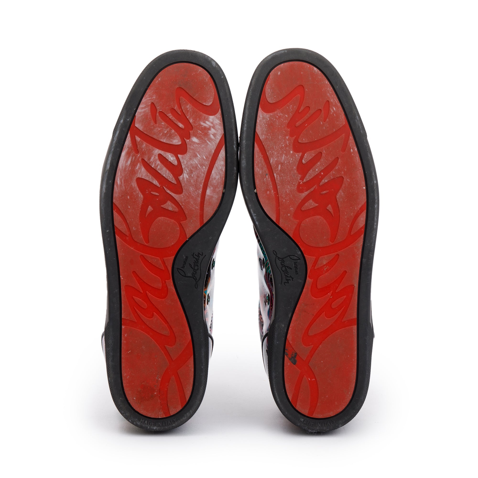 Christian Louboutin Black Multicolour Print Patent Leather Louis Junior Spikes Orlato Low-Top Sneakers, Size 42.5 w/ Box