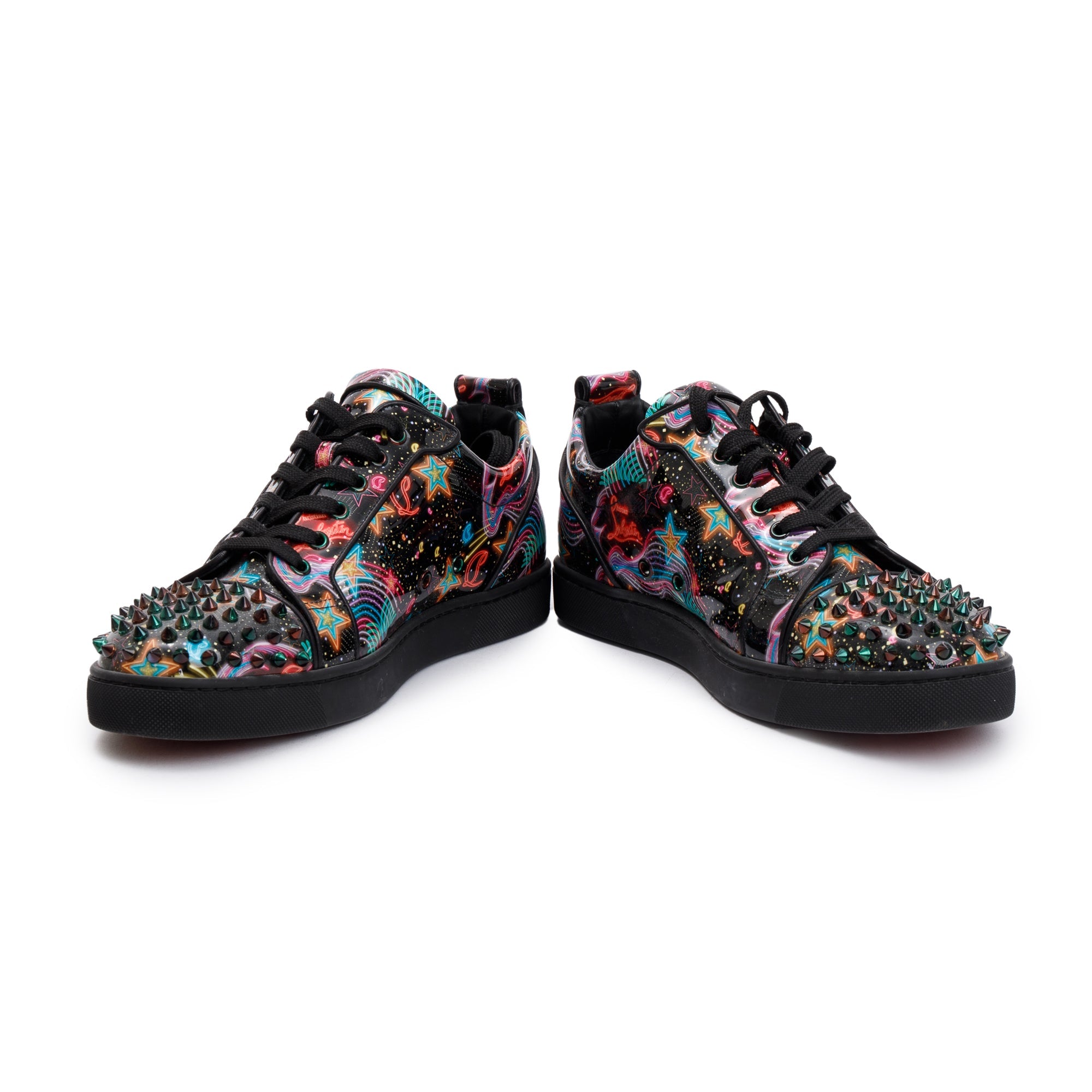Christian Louboutin Black Multicolour Print Patent Leather Louis Junior Spikes Orlato Low-Top Sneakers, Size 42.5 w/ Box