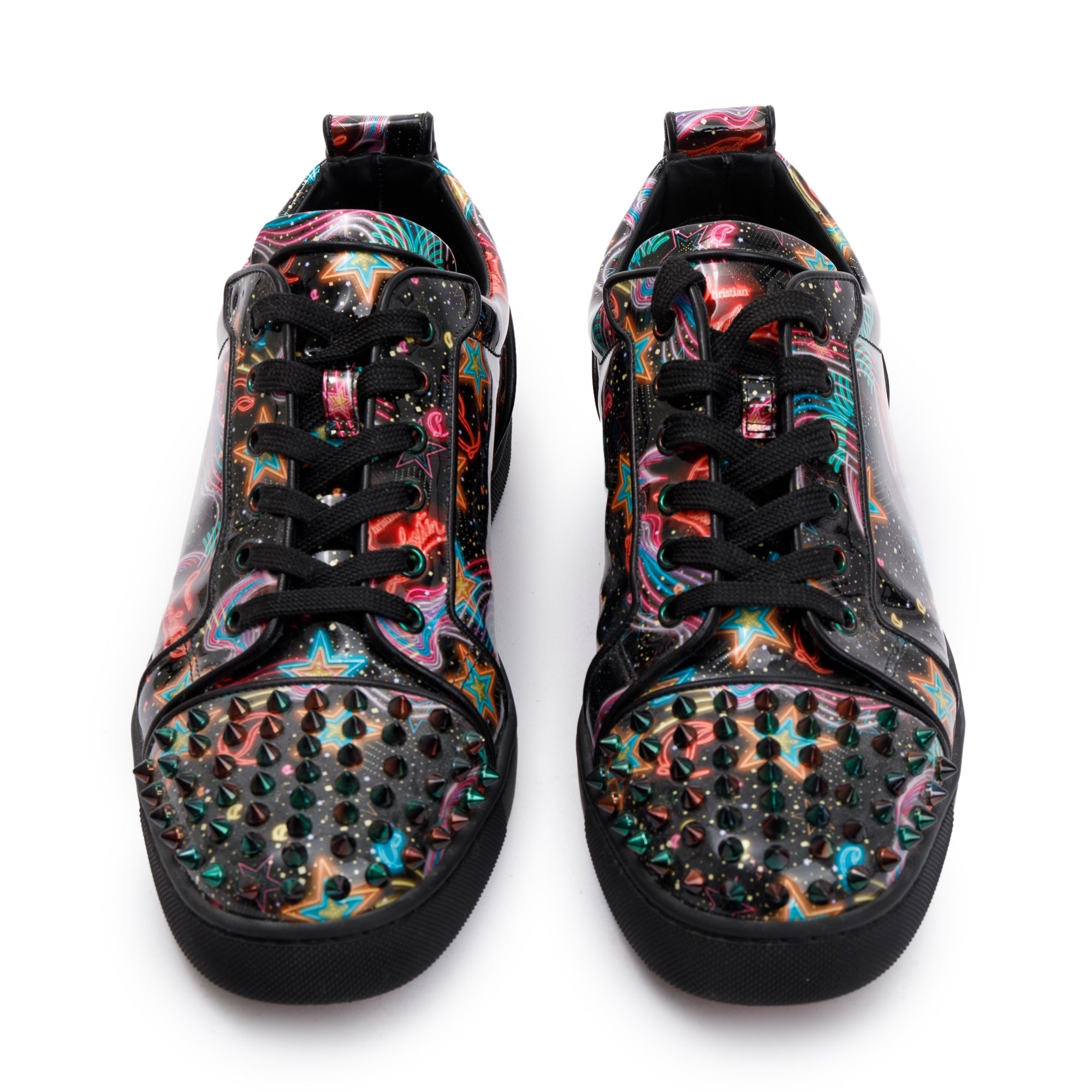 Christian Louboutin Black Multicolour Print Patent Leather Louis Junior Spikes Orlato Low-Top Sneakers, Size 42.5 w/ Box