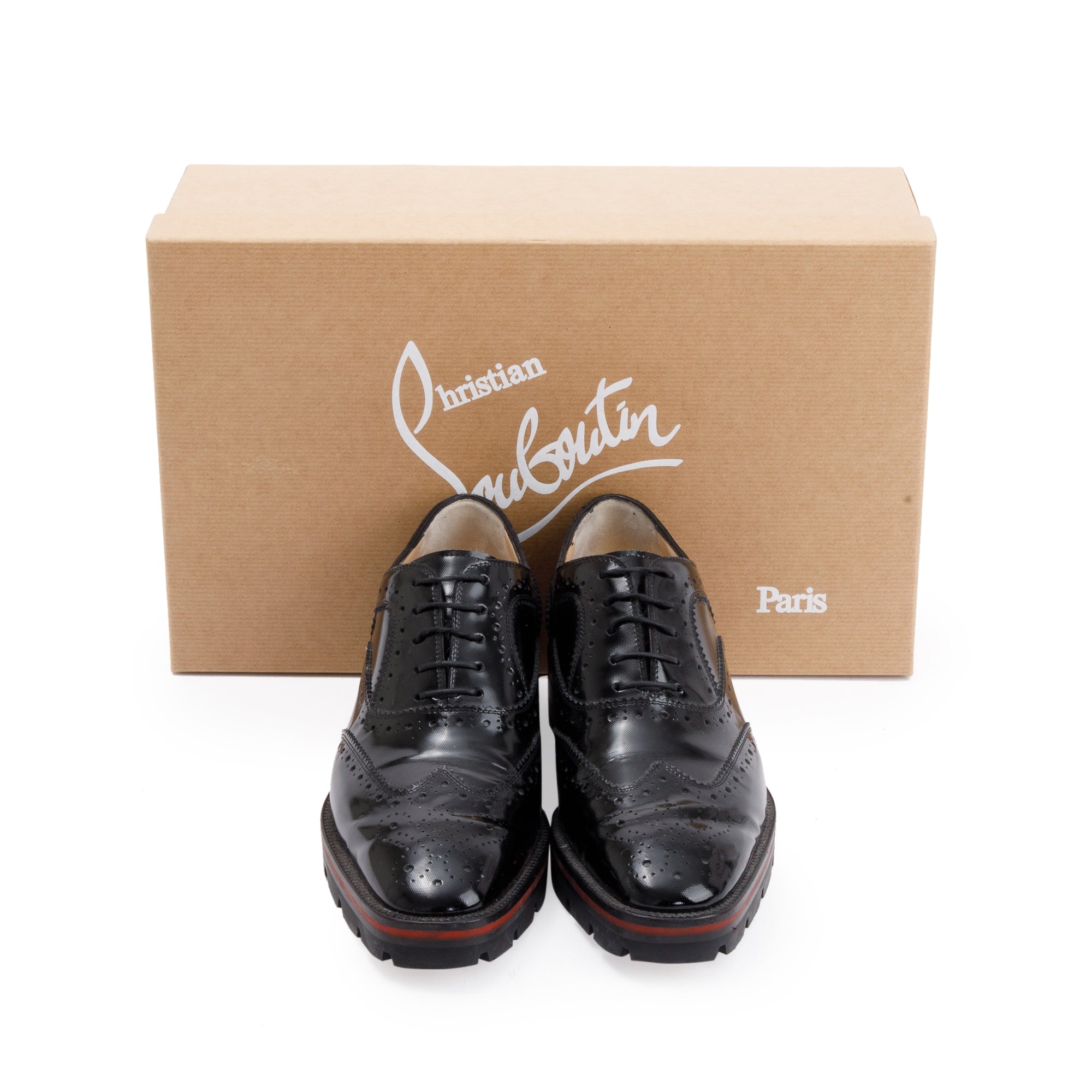 Christian Louboutin Black Patent Leather Baroque Charletta Flat Oxfords, Size 36 w/ Box