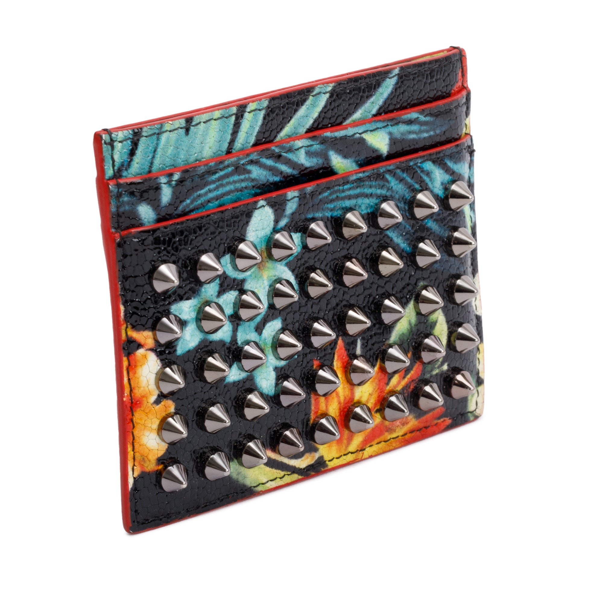 Christian Louboutin Black Patent Leather Hawaii Print Kios Spiked Card Holder w/ Box