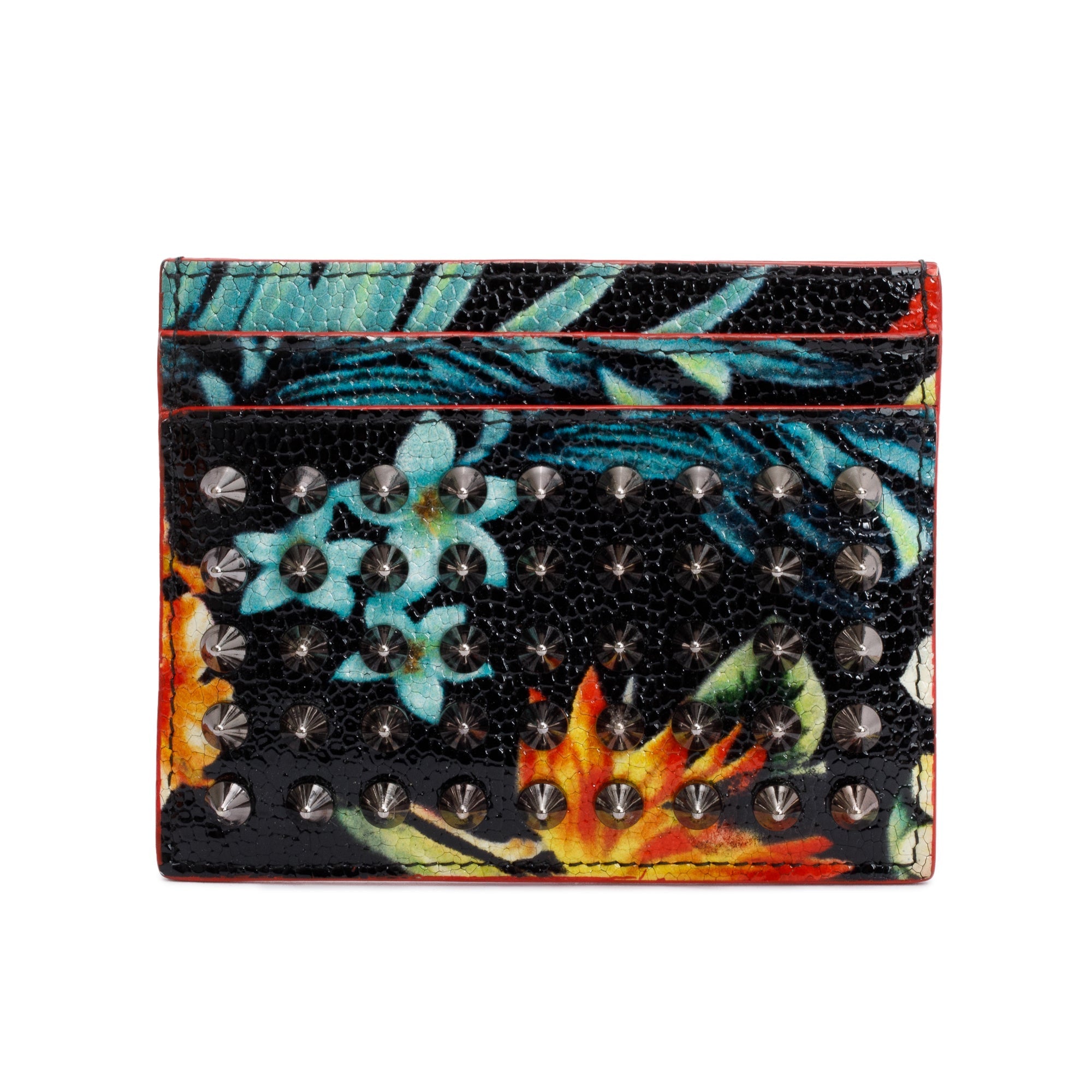 Christian Louboutin Black Patent Leather Hawaii Print Kios Spiked Card Holder w/ Box