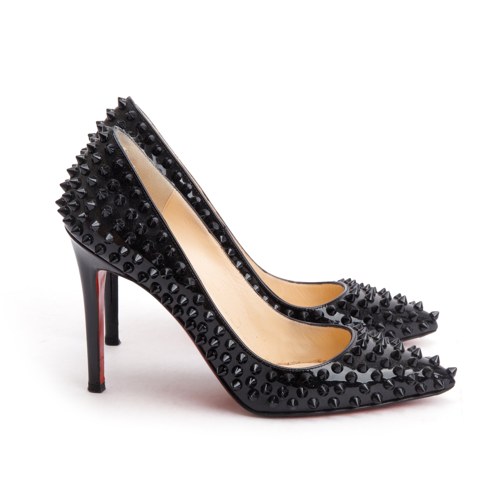 Christian Louboutin Black Patent Leather Pigalle Spike Pumps, Size 37