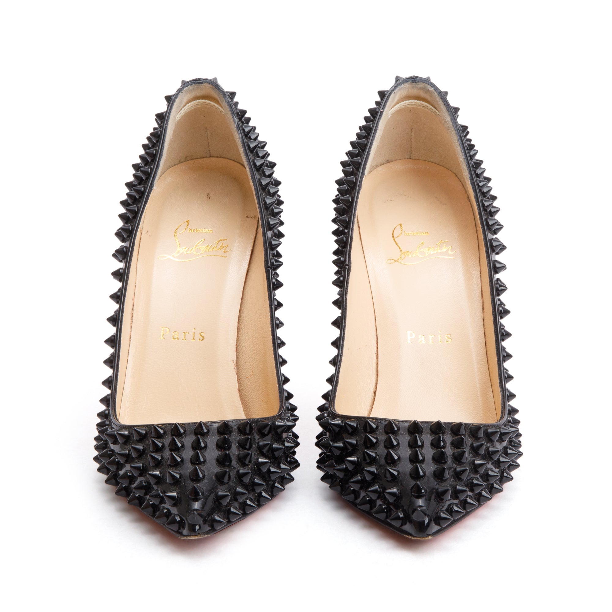 Christian Louboutin Black Patent Leather Pigalle Spike Pumps, Size 37