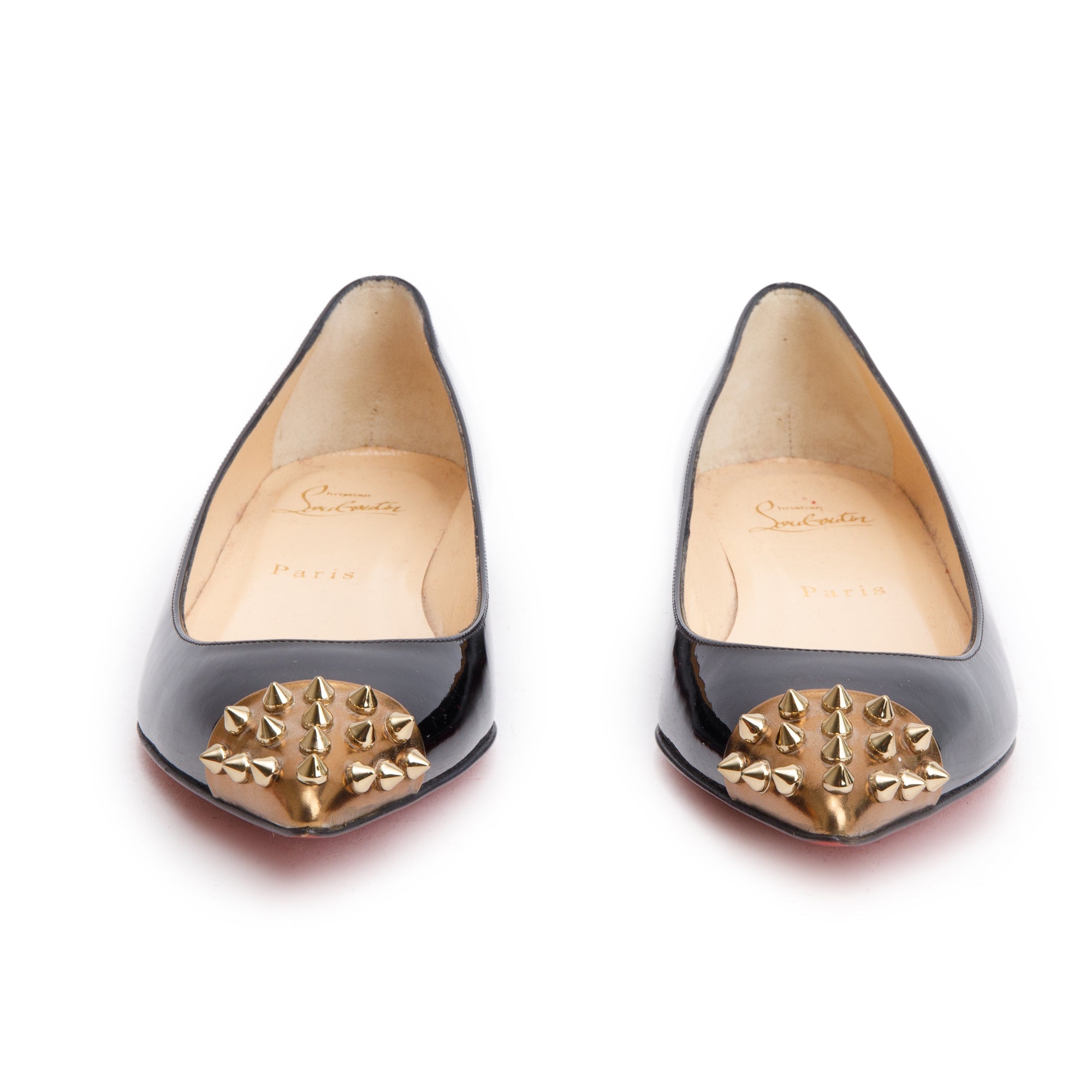 Christian Louboutin Black Patent Leather Studded Cap Toe Geo Flats, Size 36