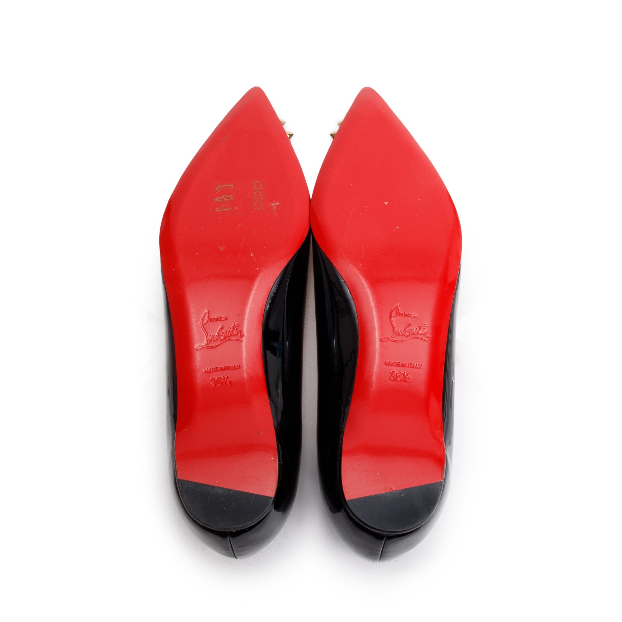 Christian Louboutin Black Patent Leather Studded Cap Toe Geo Flats, Size 36