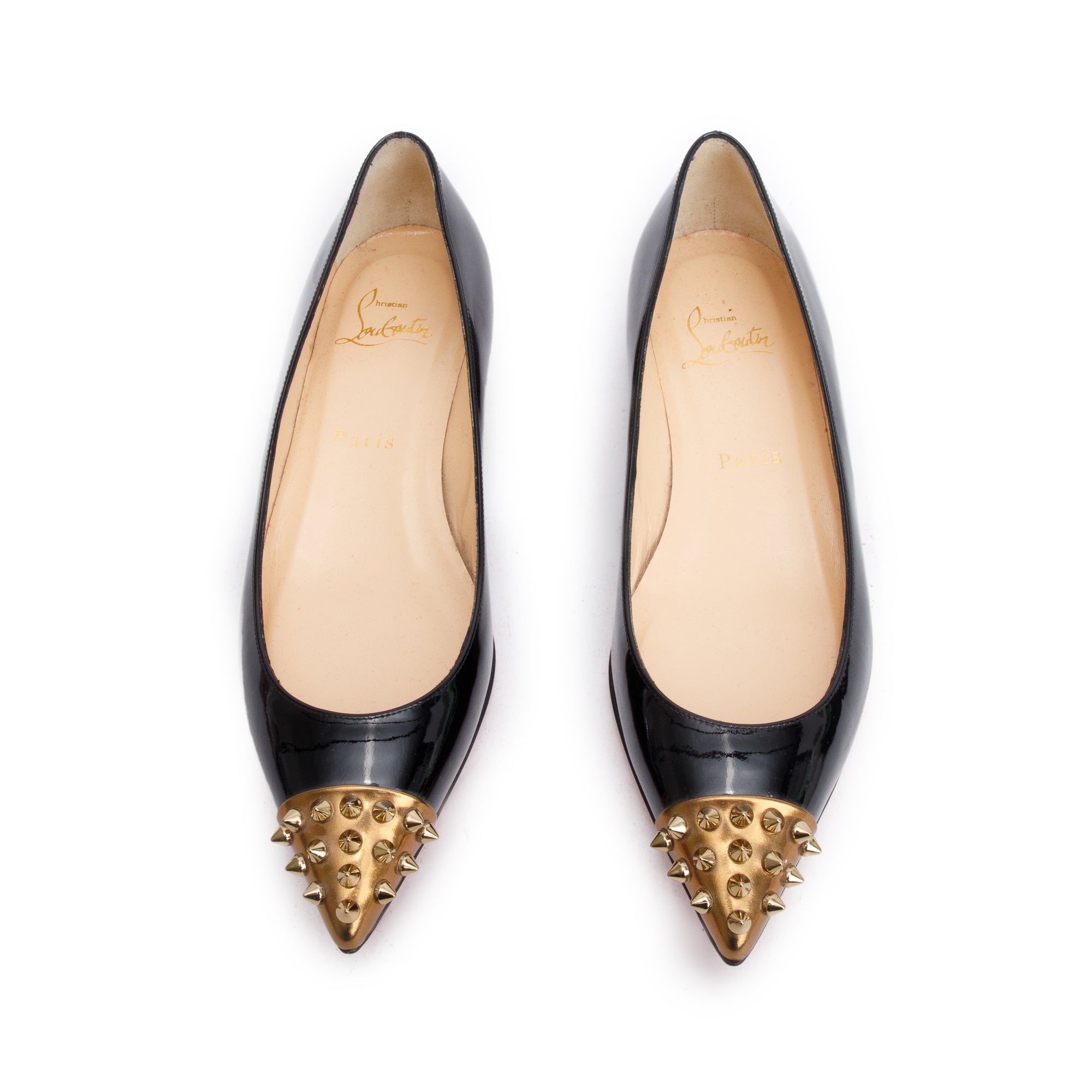 Christian Louboutin Black Patent Leather Studded Cap Toe Geo Flats, Size 36