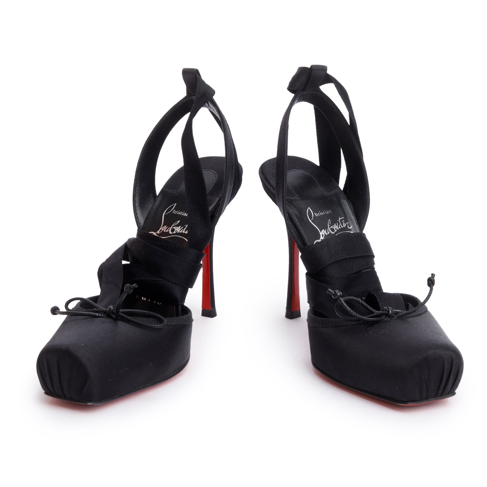 Christian Louboutin Black Satin Cassia Lace Up Pumps, Size 36 w/ Box