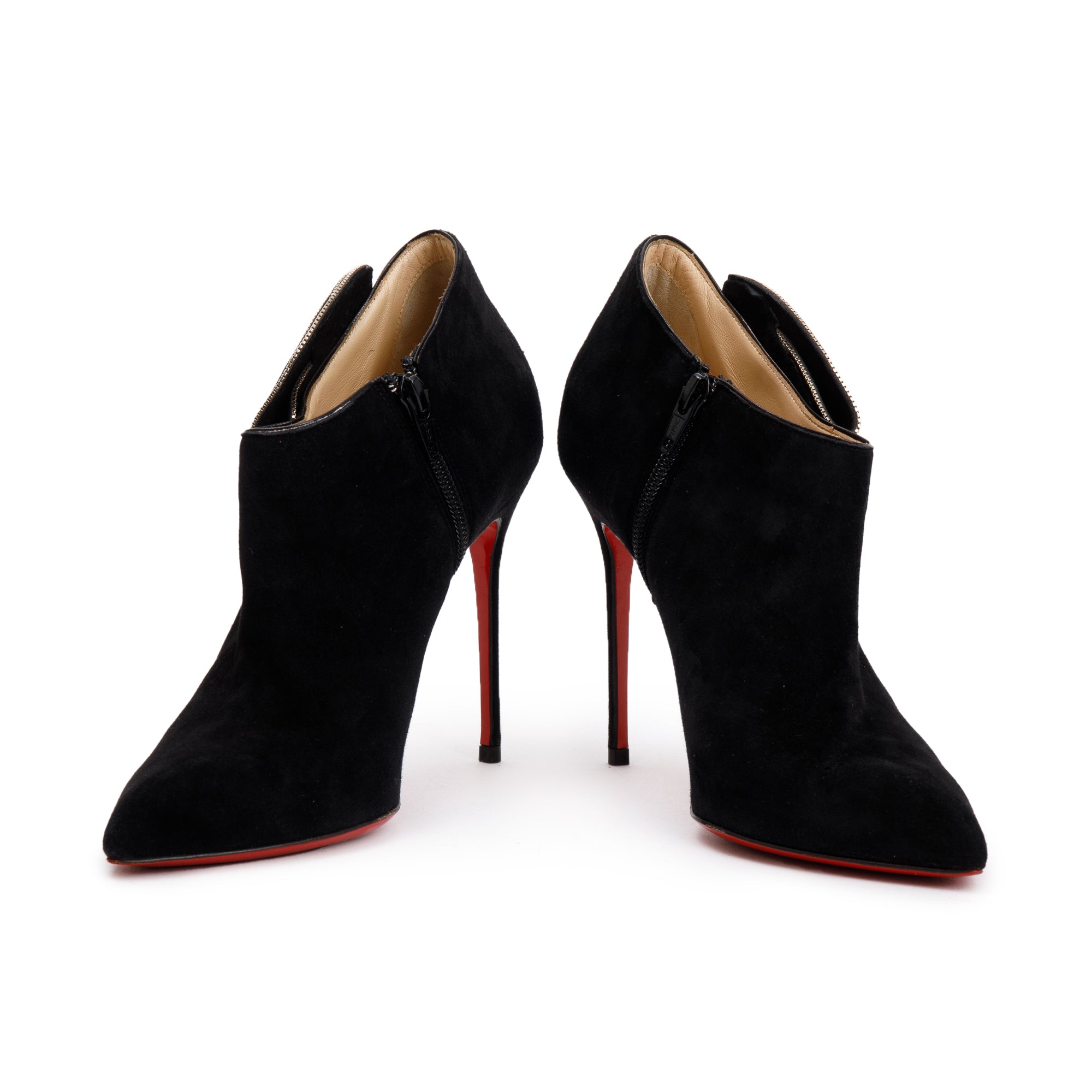 Christian Louboutin Black Suede Ruffle Embellished Ankle Boots, Size 38