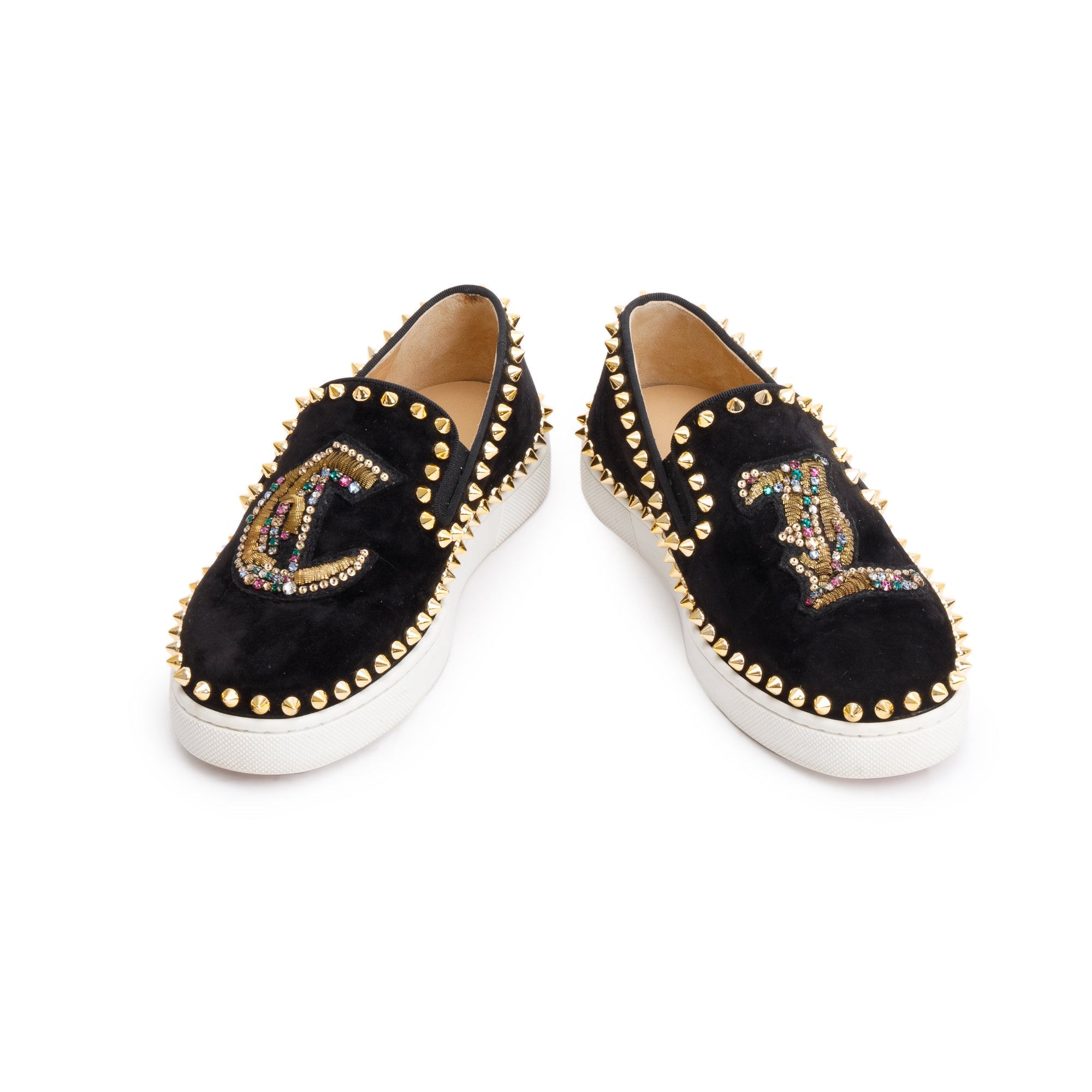 Christian Louboutin Black Suede crystal Embellished Spike Slide Sneakers, Size 34 w/ Box