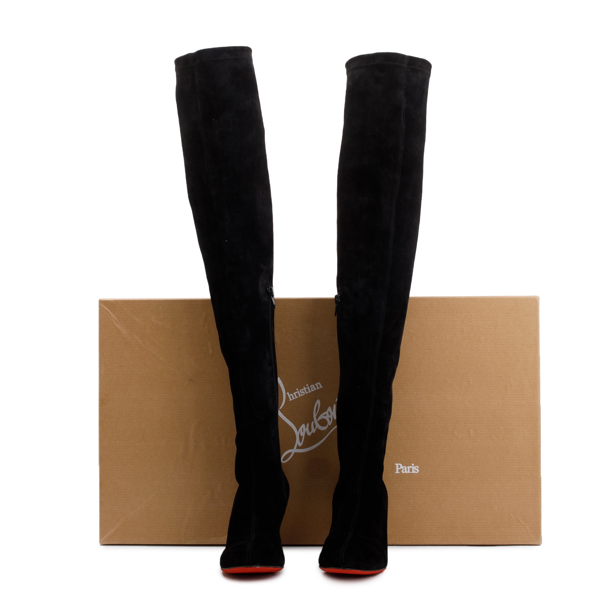 Christian Louboutin Black Veau Velours Stretch Alta Top 70 Boots, Size 37 w/ Box