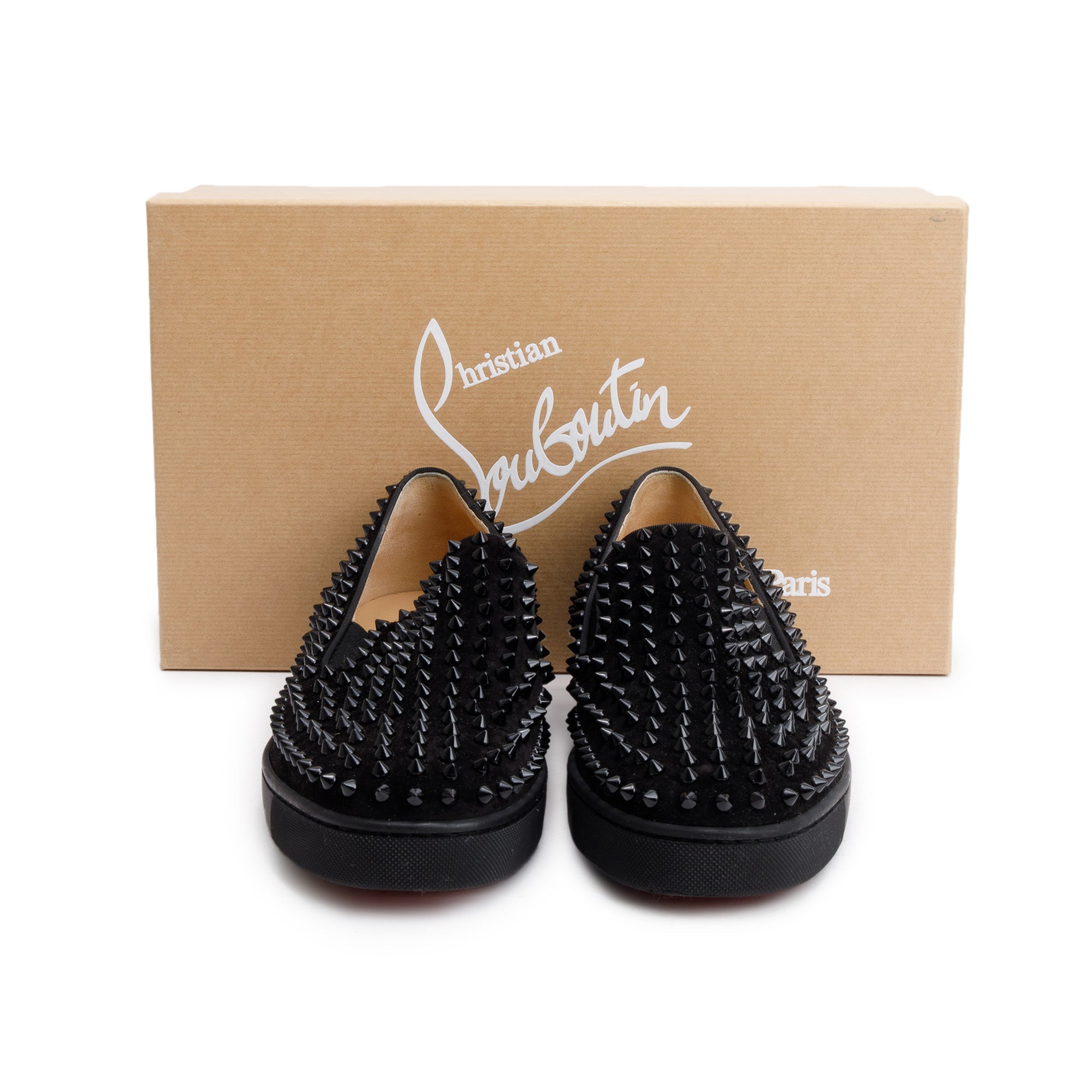 Christian Louboutin Black Velours Spike Roller Boat Slide Sneakers, Size 44.5 w/ Box