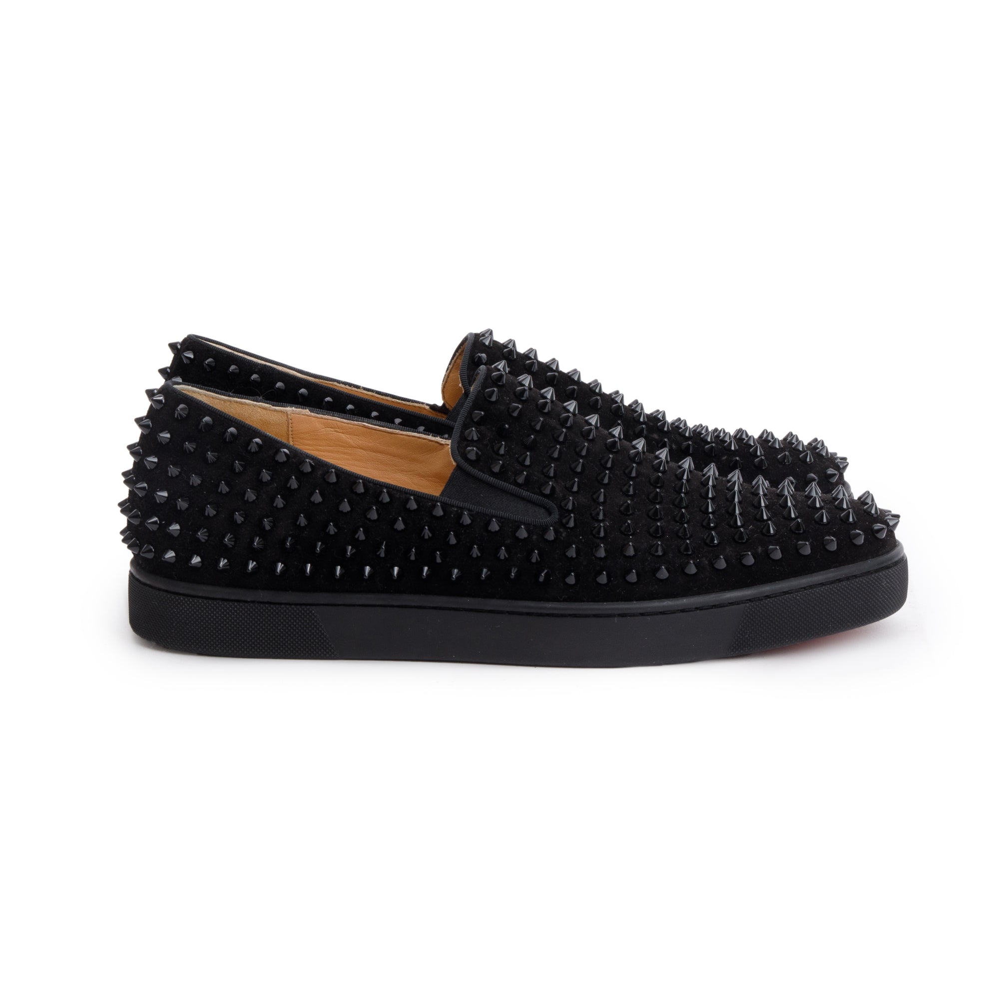 Christian Louboutin Black Velours Spike Roller Boat Slide Sneakers, Size 44.5 w/ Box