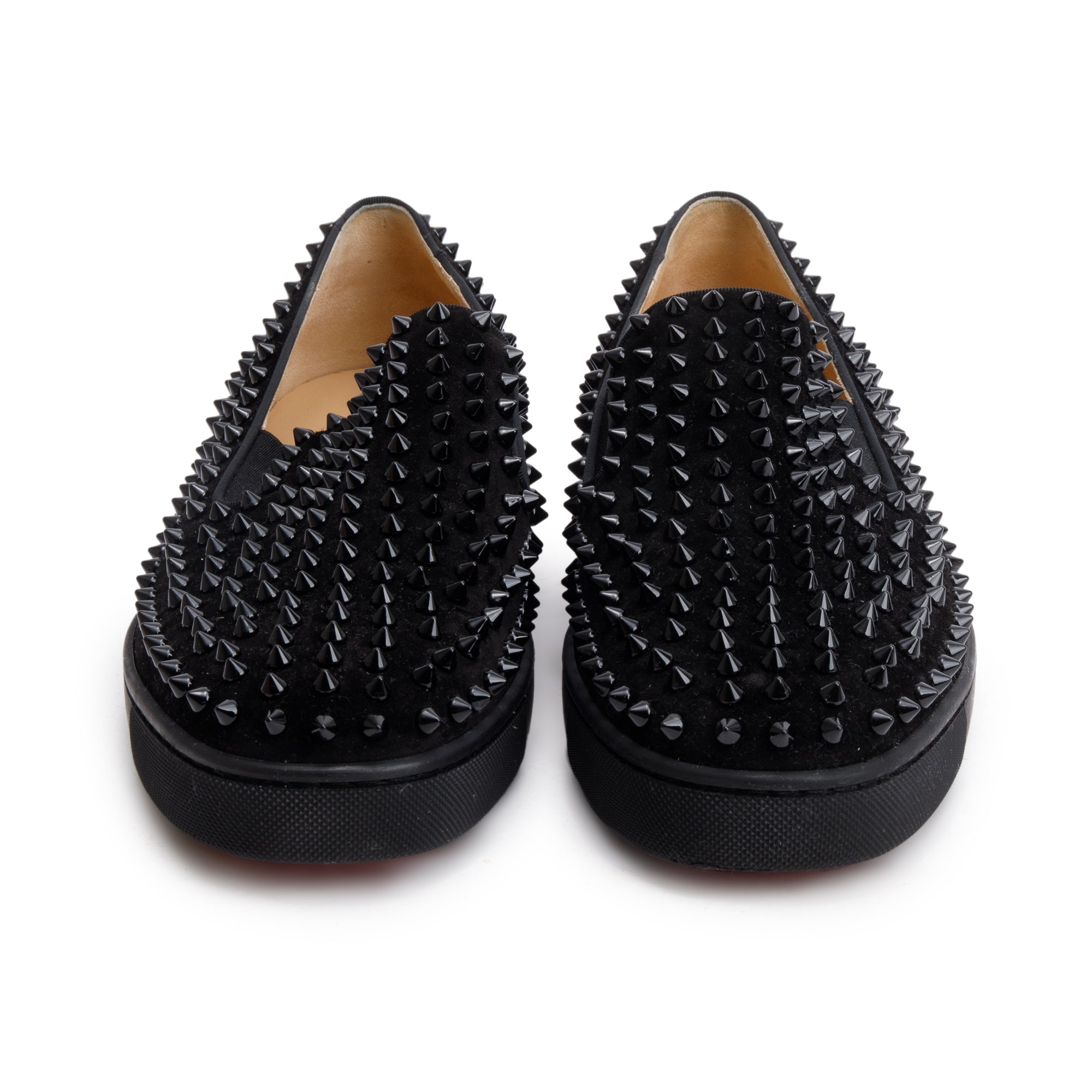 Christian Louboutin Black Velours Spike Roller Boat Slide Sneakers, Size 44.5 w/ Box